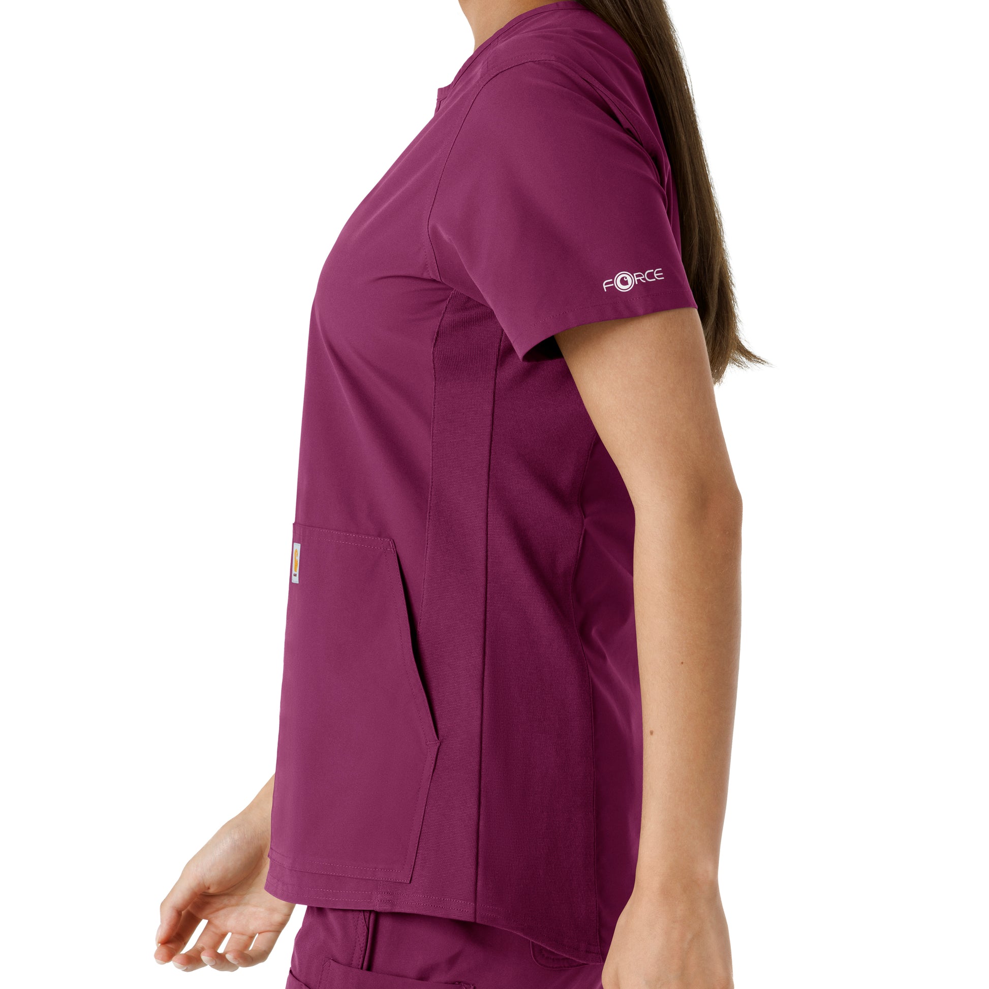 Force Essentials C12413 Notch Neck Tunic Knit Panel Scrub Top Wine Model Image Alternate | Carhartt