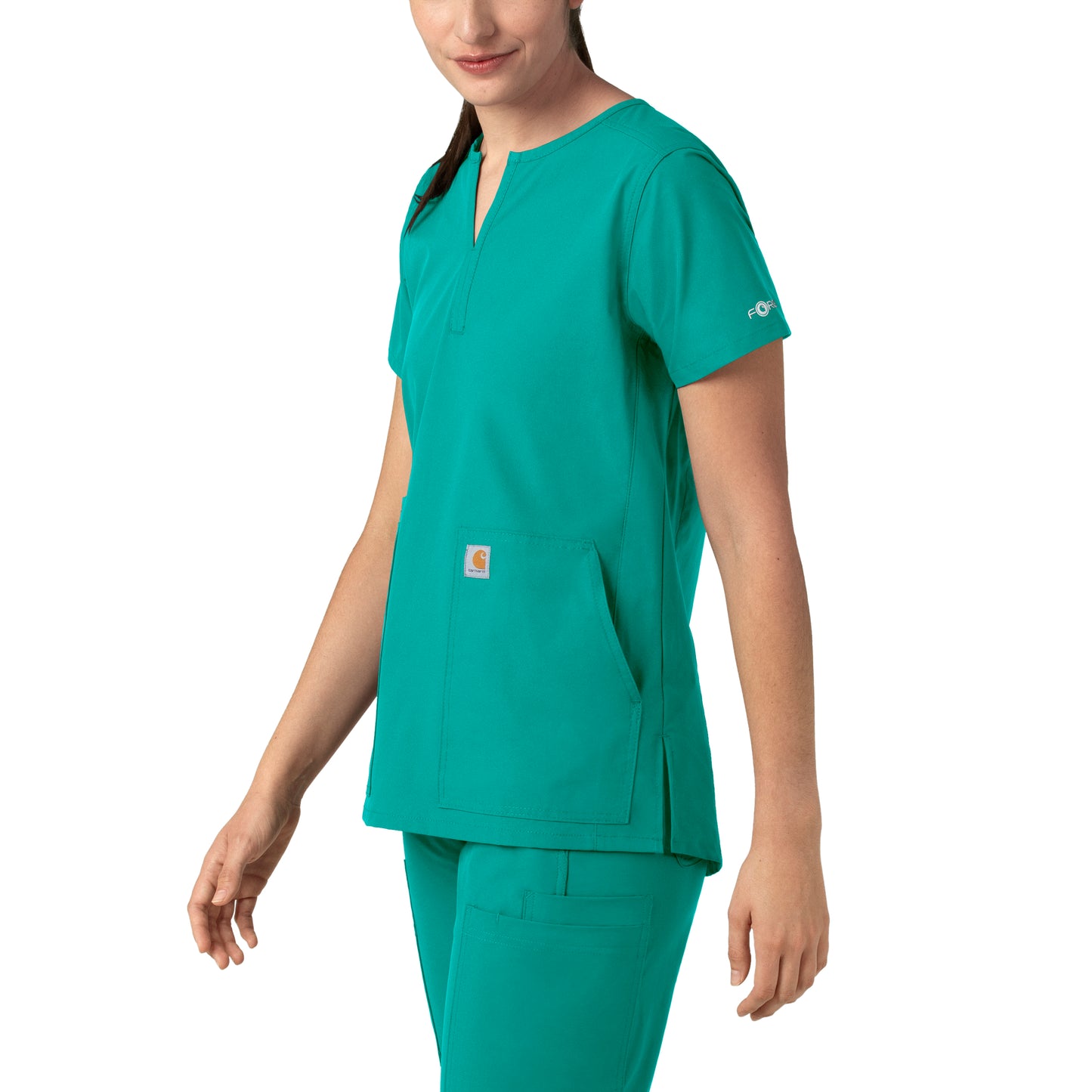 Force Essentials C12213 Notch Neck Tunic Scrub Top Teal Blue Model Image Left Side | Carhartt