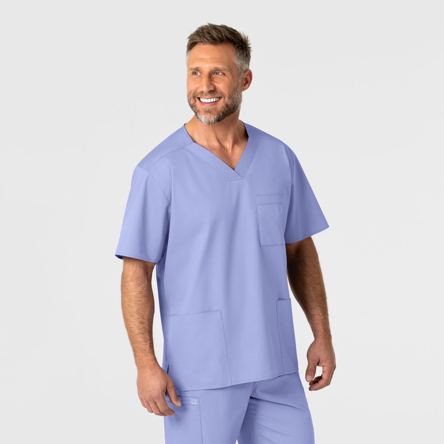 WonderWORK 103 Men's V-Neck Scrub Top Ceil Blue Model Image Right Side | Wink