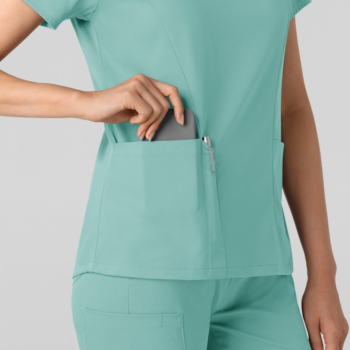 Boundless 6251 2-Pocket V-Neck Scrub Top Turquoise Model Image Alternate | Wink