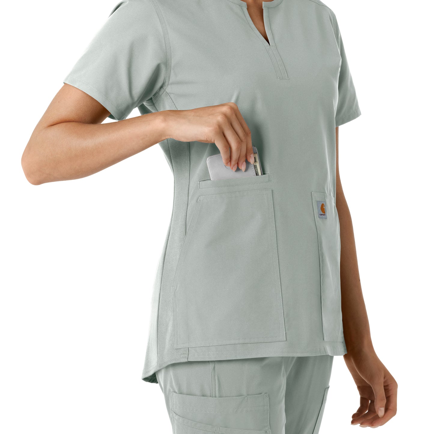 Force Essentials C12413 Notch Neck Tunic Knit Panel Scrub Top Grey Model Image Alternate | Carhartt