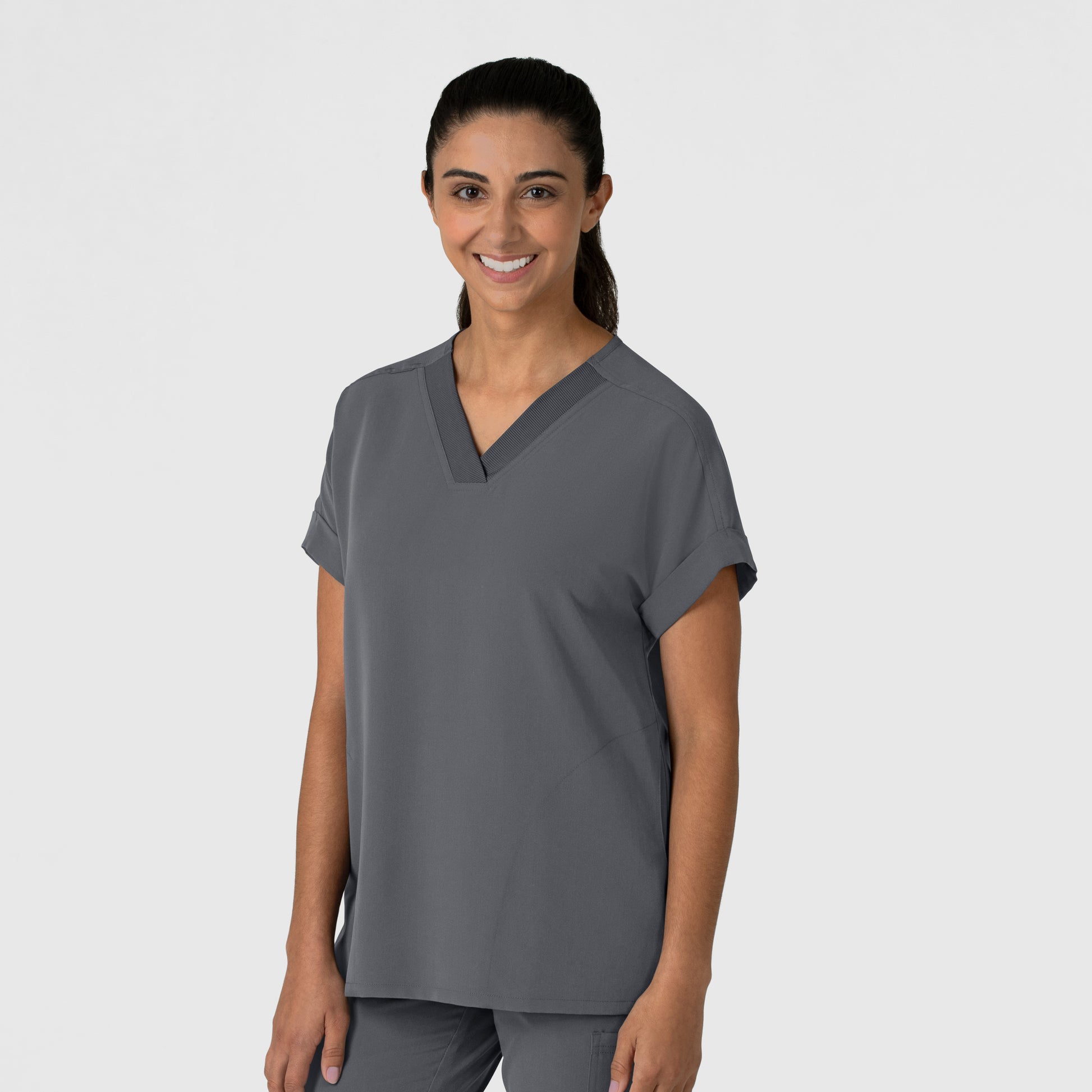 Nova 6232 Drop Shoulder Boxy Scrub Top Pewter Model Image Left Side | Wink