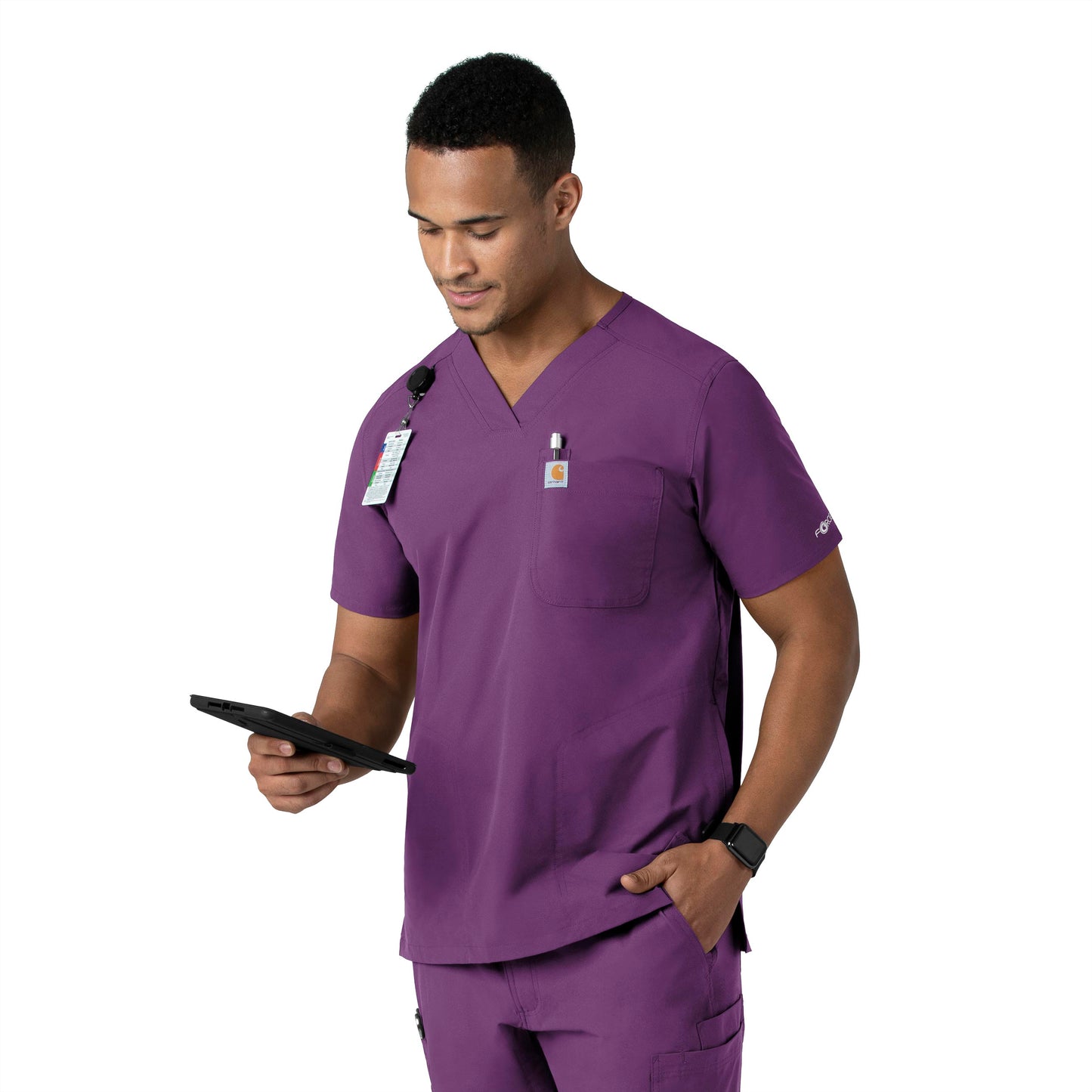 Force Essentials C16113 Men's V-Neck Shirttail Scrub Top Eggplant Model Image Left Side | Carhartt