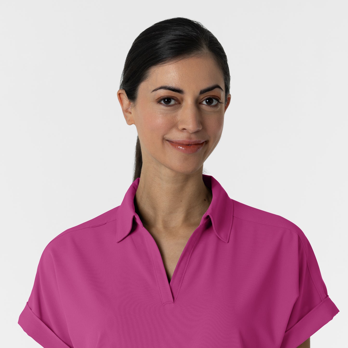 RENEW 6934 Women’s Flex-n-Reach Collared Scrub Top Raspberry Model Image Left Side | Wink