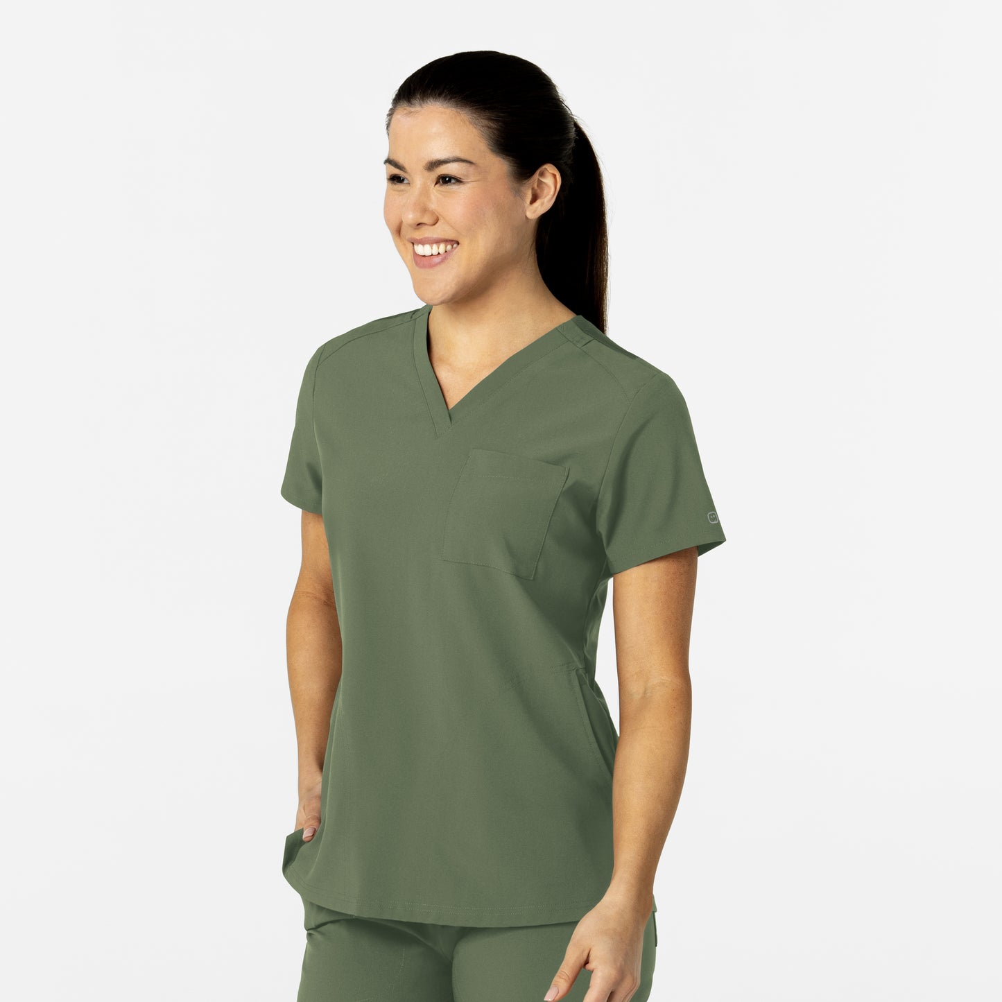 W123 6045 Flex-n-Reach V-Neck Scrub Top Olive Model Image Right Side | Wink