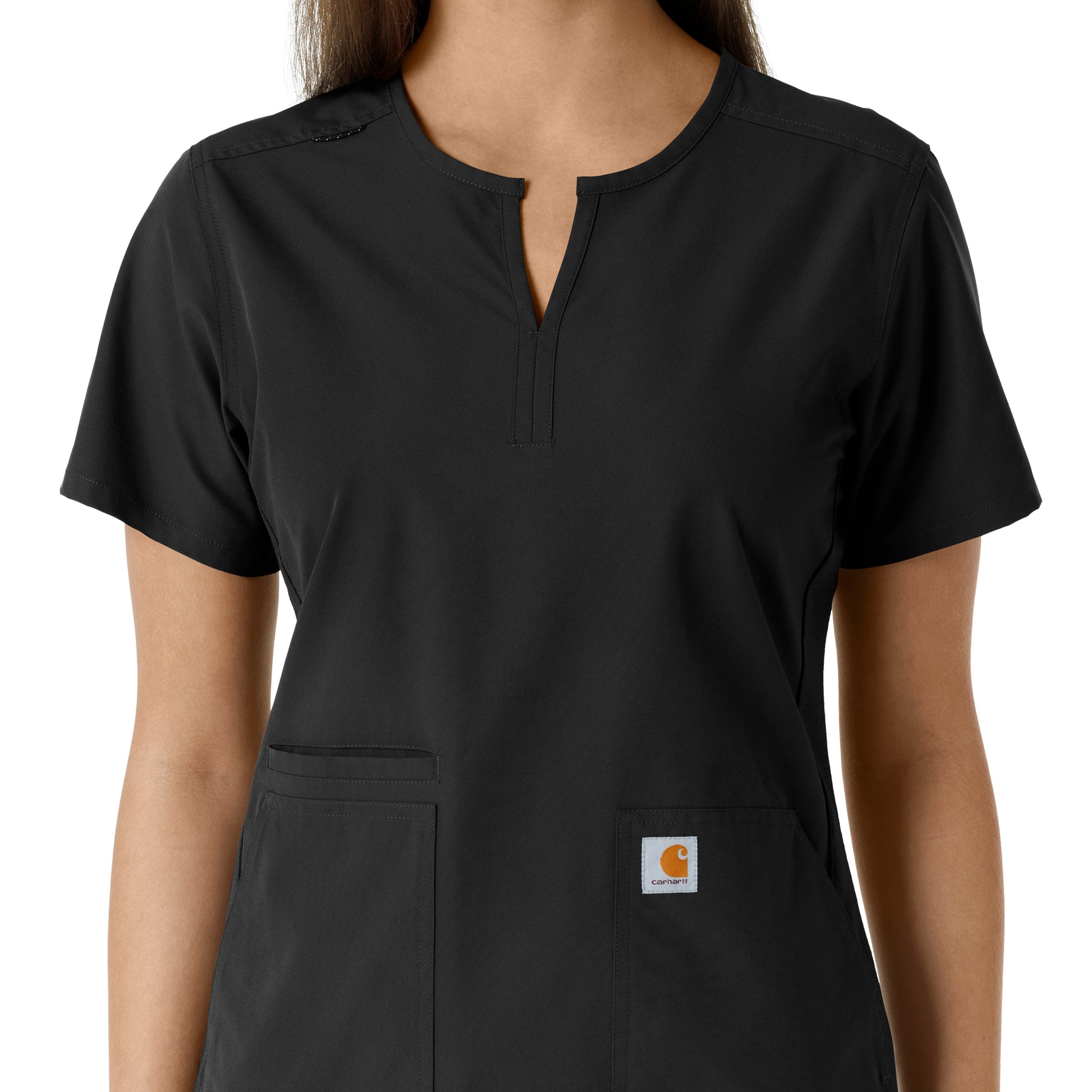 Force Essentials C12413 Notch Neck Tunic Knit Panel Scrub Top Black Model Image Alternate | Carhartt