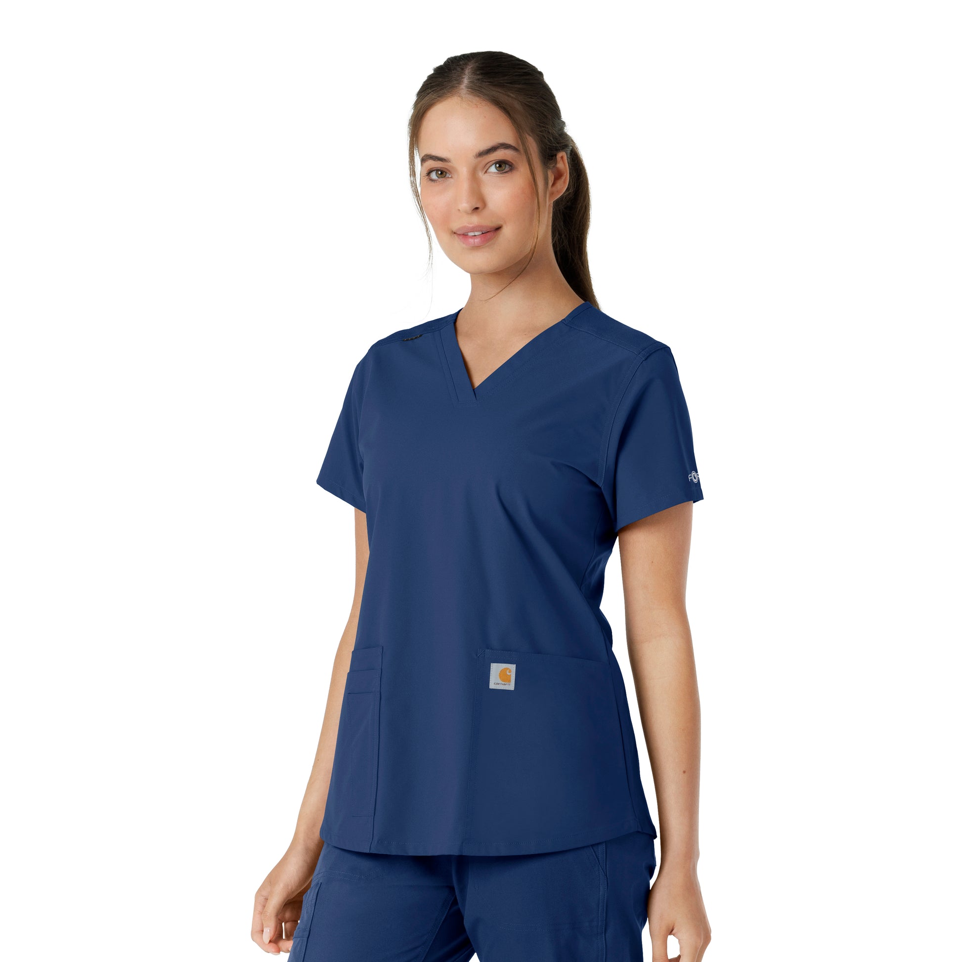 Force Essentials C12313 V-Neck Knit Panel Scrub Top Navy Model Image Left Side | Carhartt