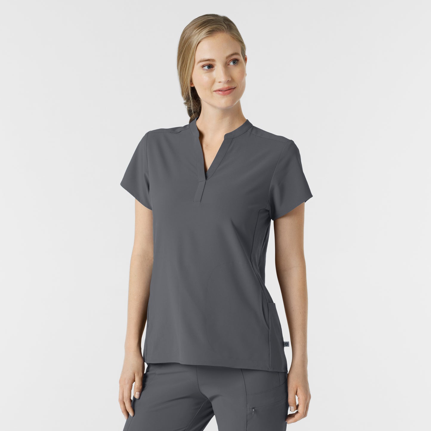 RENEW 6734 Mandarin Collar Scrub Top Pewter Model Image Right Side | Wink