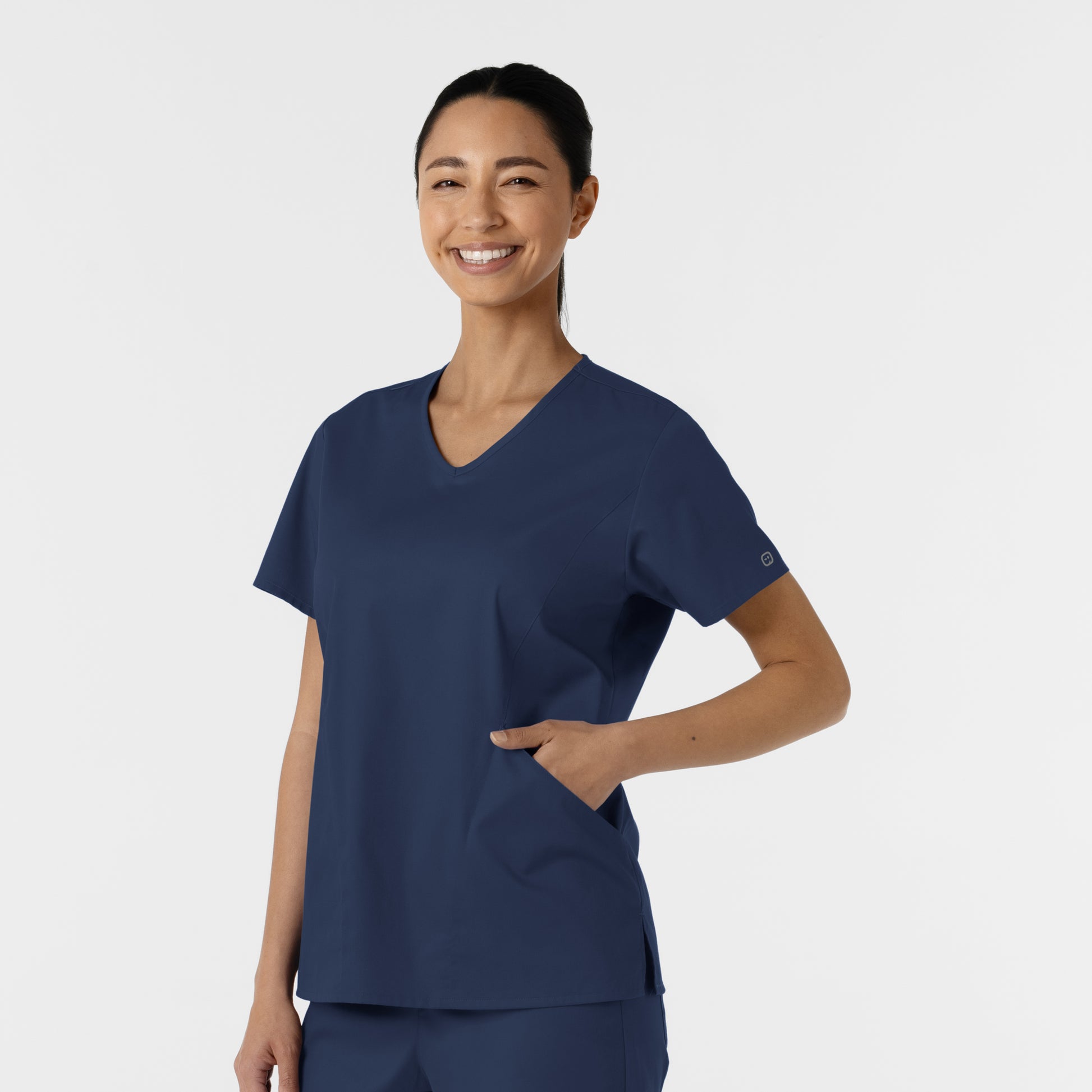 WonderWORK 106 Curved V-Neck Scrub Top Navy Model Image Right Side | Wink