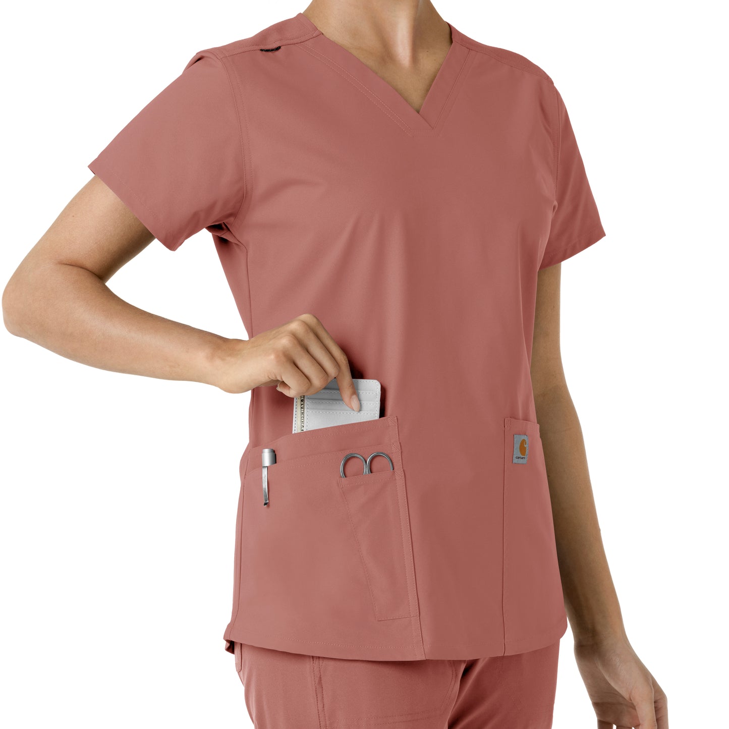 Force Essentials C12313 V-Neck Knit Panel Scrub Top Wildrose Model Image Alternate | Carhartt