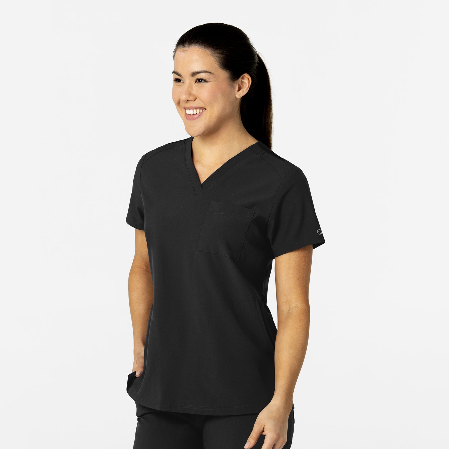 W123 6045 Flex-n-Reach V-Neck Scrub Top Black Model Image Right Side | Wink