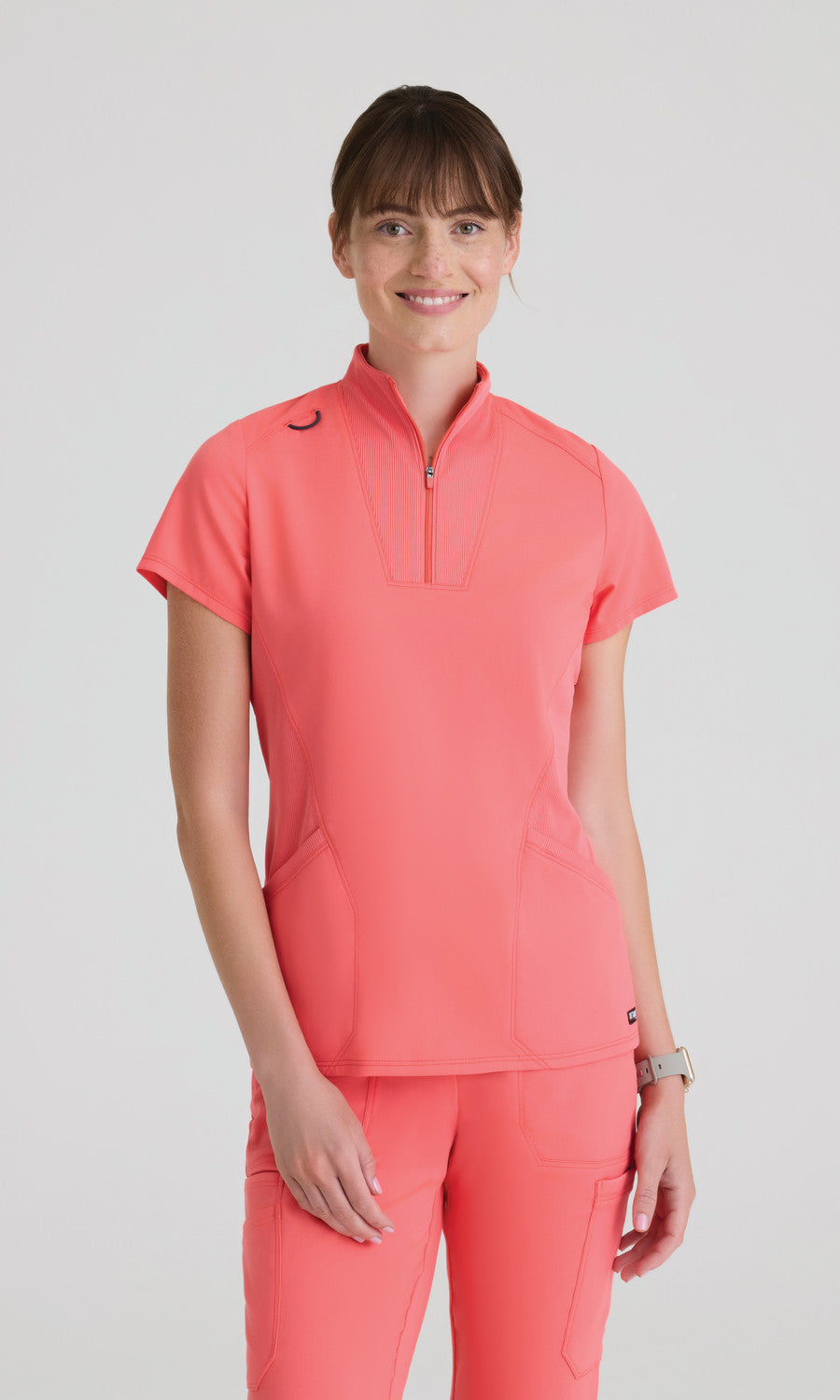 Greys Anatomy Spandex Stretch GRST292 Women's Kristi Top in Coral Bloom by Barco Model Image Front