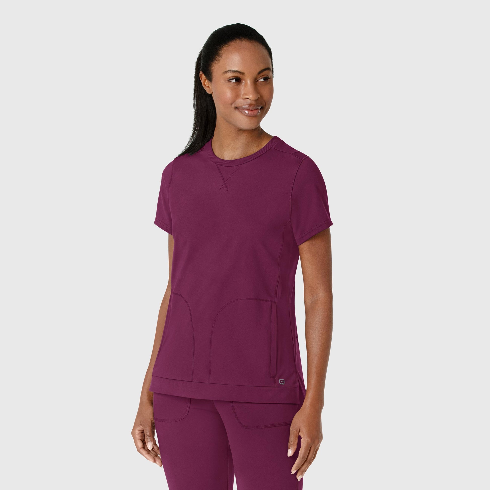 RENEW 6359 Knit Flex-n-Reach Crew Neck Scrub Top Wine Model Image Right Side | Wink