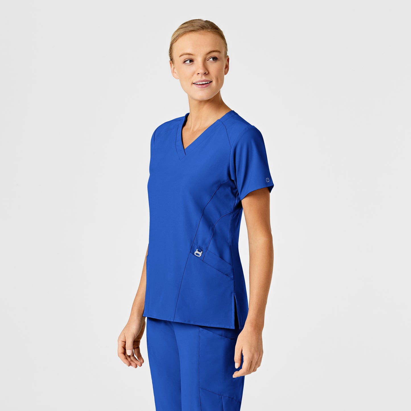 W123 6155 Stylized V-Neck Scrub Top Royal Model Image Left Side | Wink