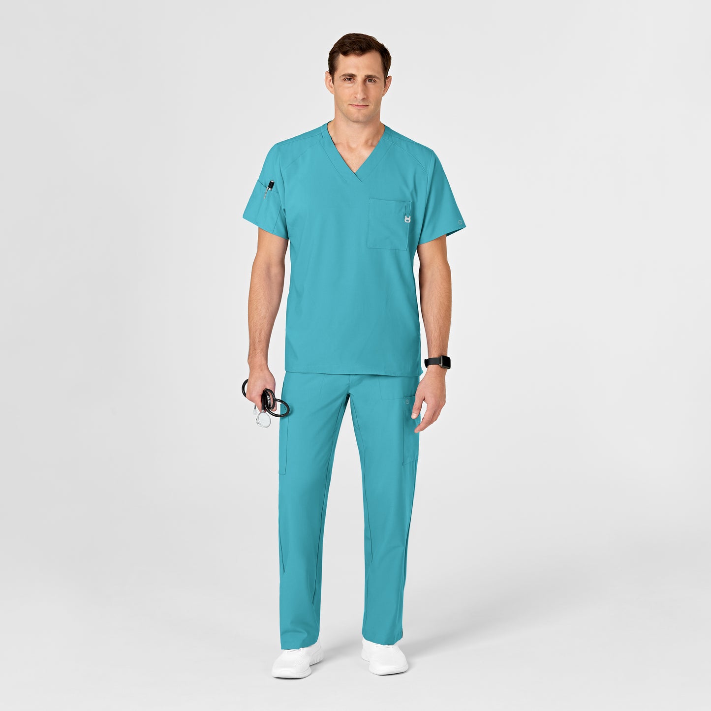 W123 6355 Men's V-Neck Scrub Top Teal Blue Model Image Right Side | Wink