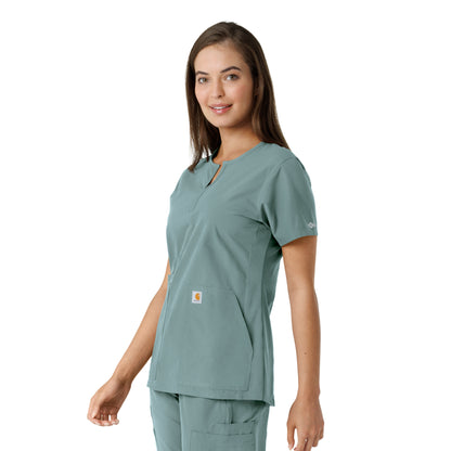 Force Essentials C12413 Notch Neck Tunic Knit Panel Scrub Top Summer Blue Model Image Right Side | Carhartt