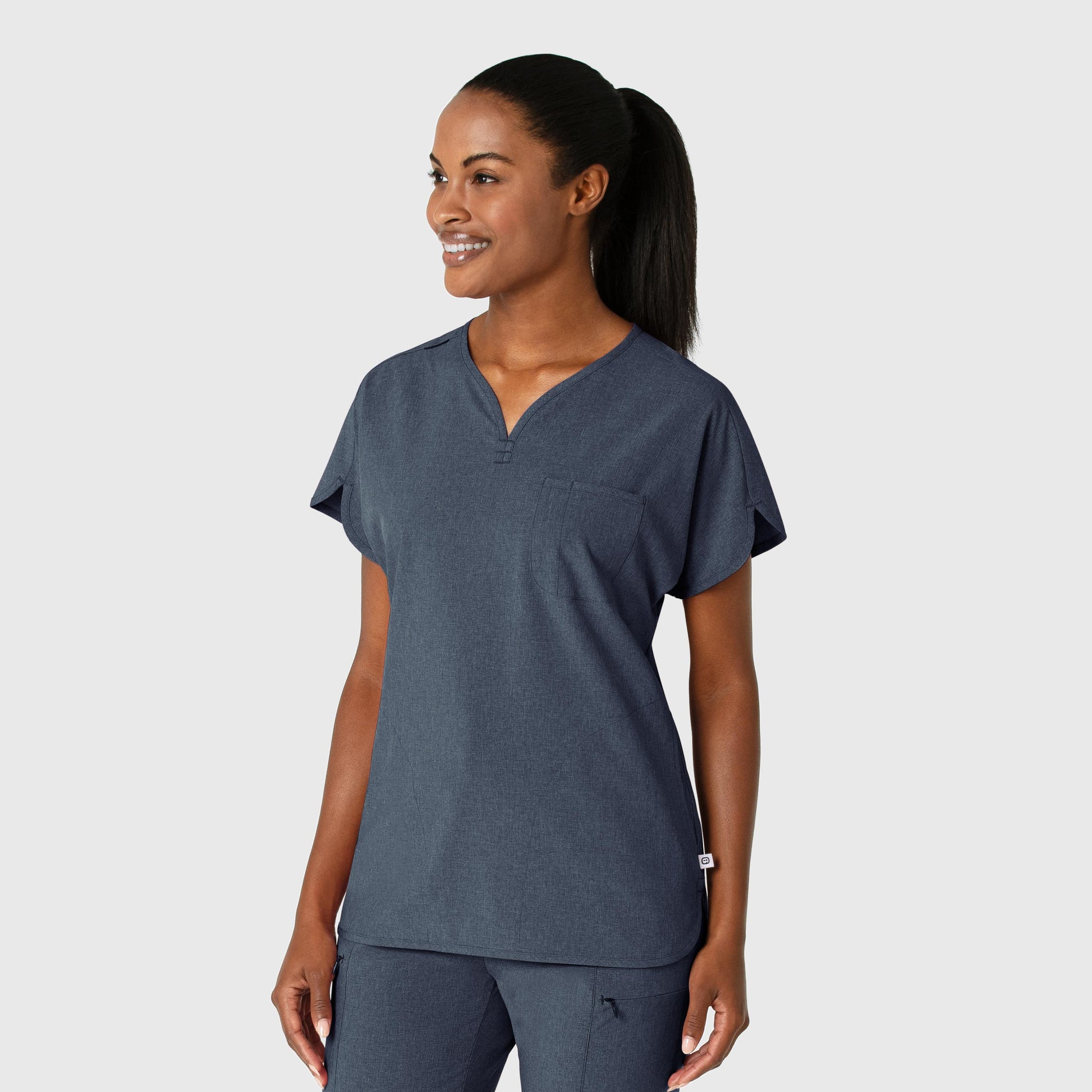 RENEW 6634 Dolman Scrub Top Navy Heather Model Image Right Side | Wink