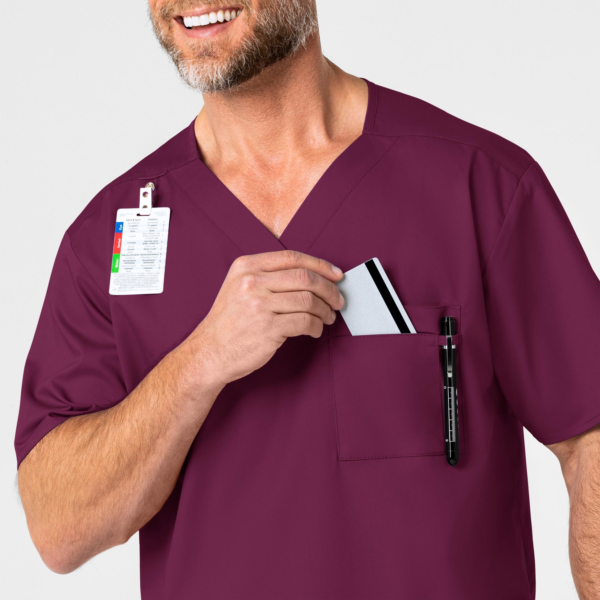 WonderWORK 103 Men's V-Neck Scrub Top Wine Model Image Alternate | Wink