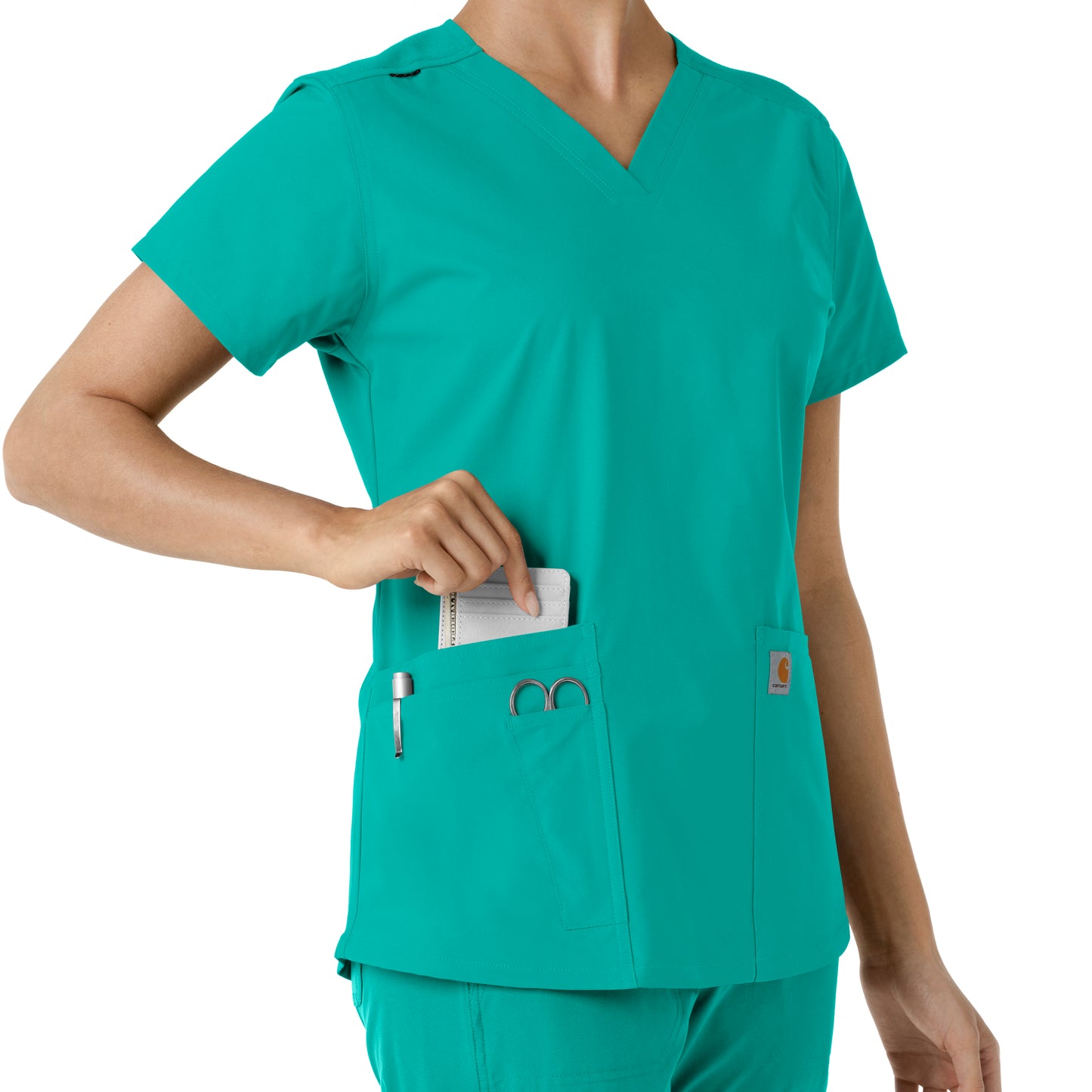 Force Essentials C12313 V-Neck Knit Panel Scrub Top Teal Model Image Alternate | Carhartt