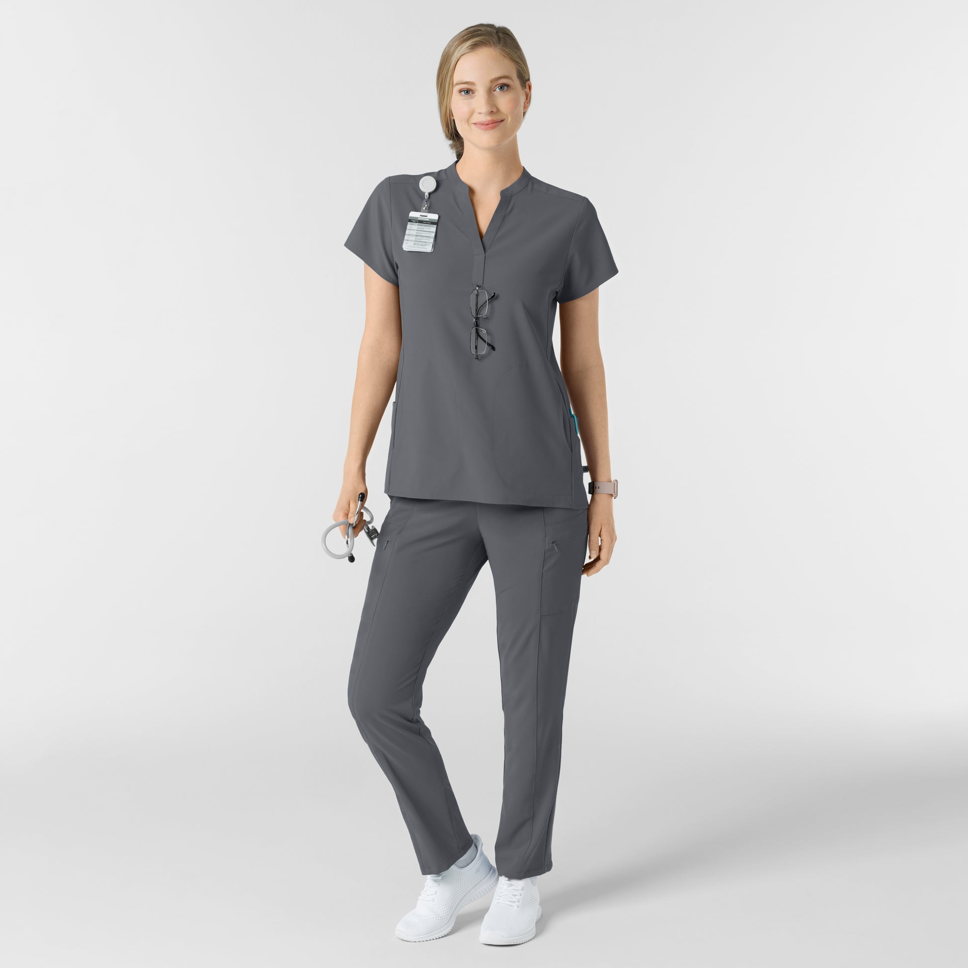 RENEW 6734 Mandarin Collar Scrub Top Pewter Model Image Alternate | Wink