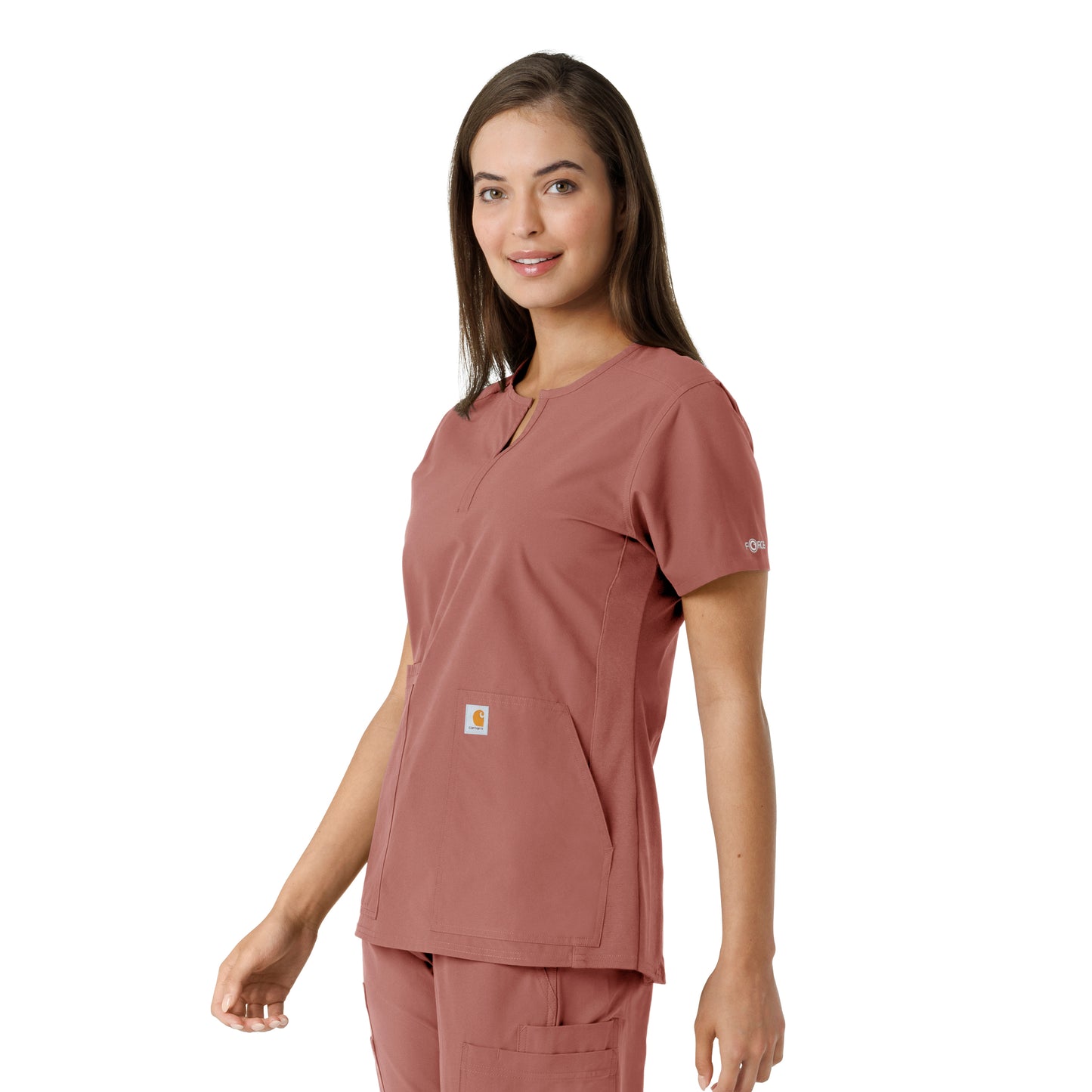 Force Essentials C12413 Notch Neck Tunic Knit Panel Scrub Top Wildrose Model Image Right Side | Carhartt