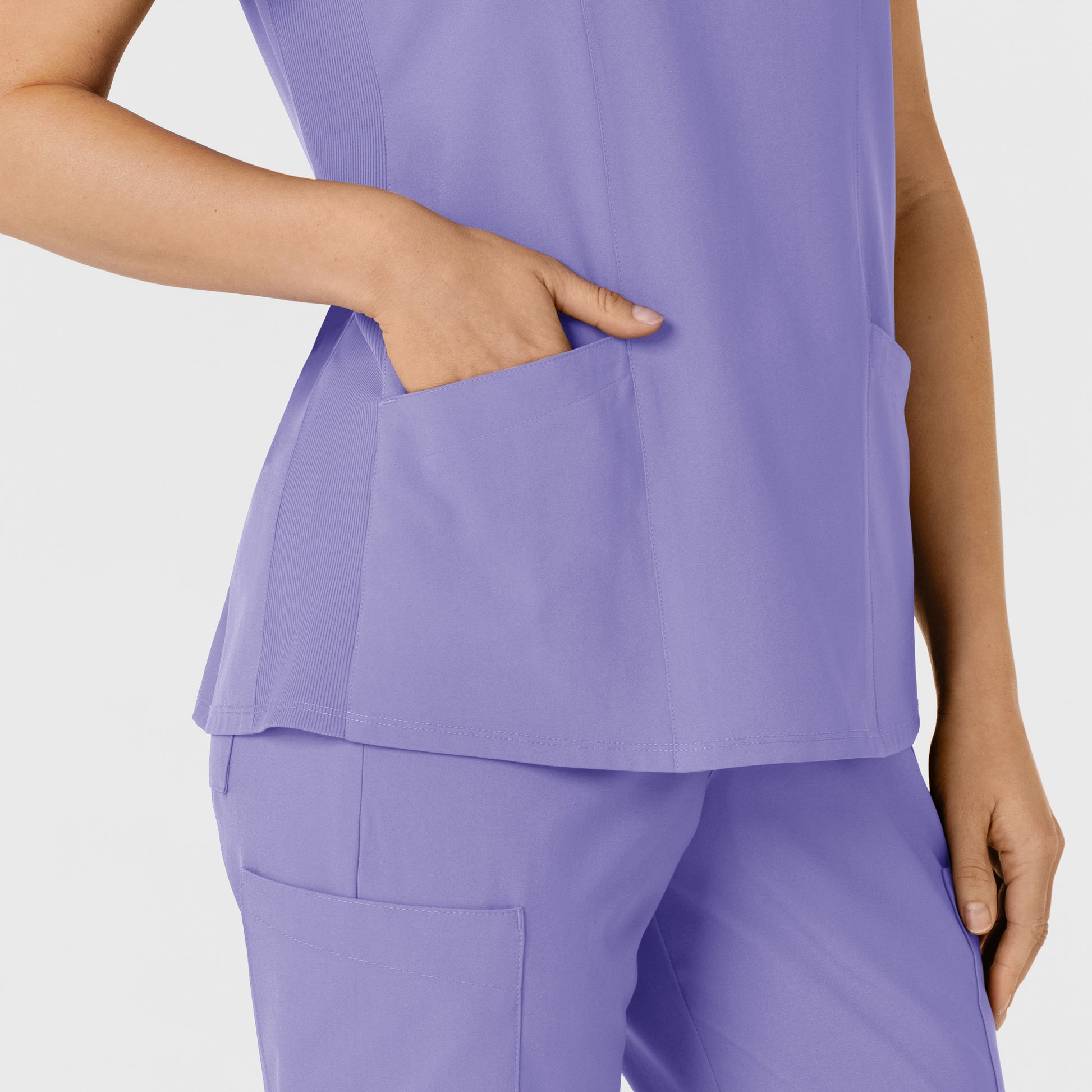 W123 6145 Flex-n-Reach Side Panel V-Neck Scrub Top Iris Purple Model Image Alternate | Wink