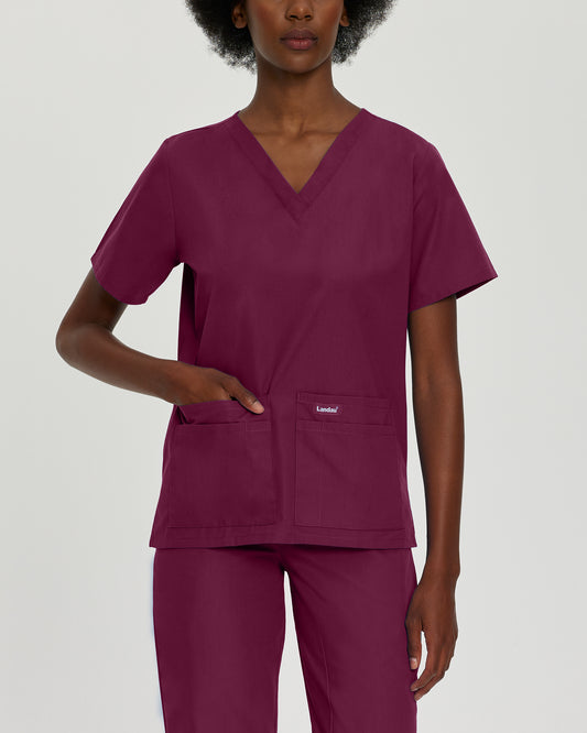 Essentials 8219 Women's 4 Pocket V Neck Scrub Top Wine Image