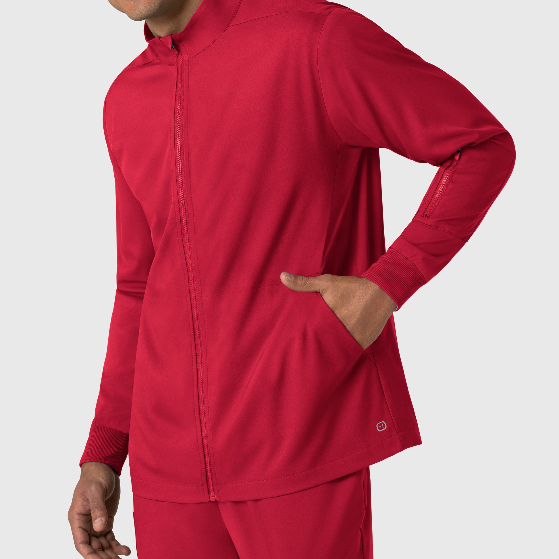 Boundless 8351 Men's Warm Up Scrub Jacket Red Model Image Left Side | Wink