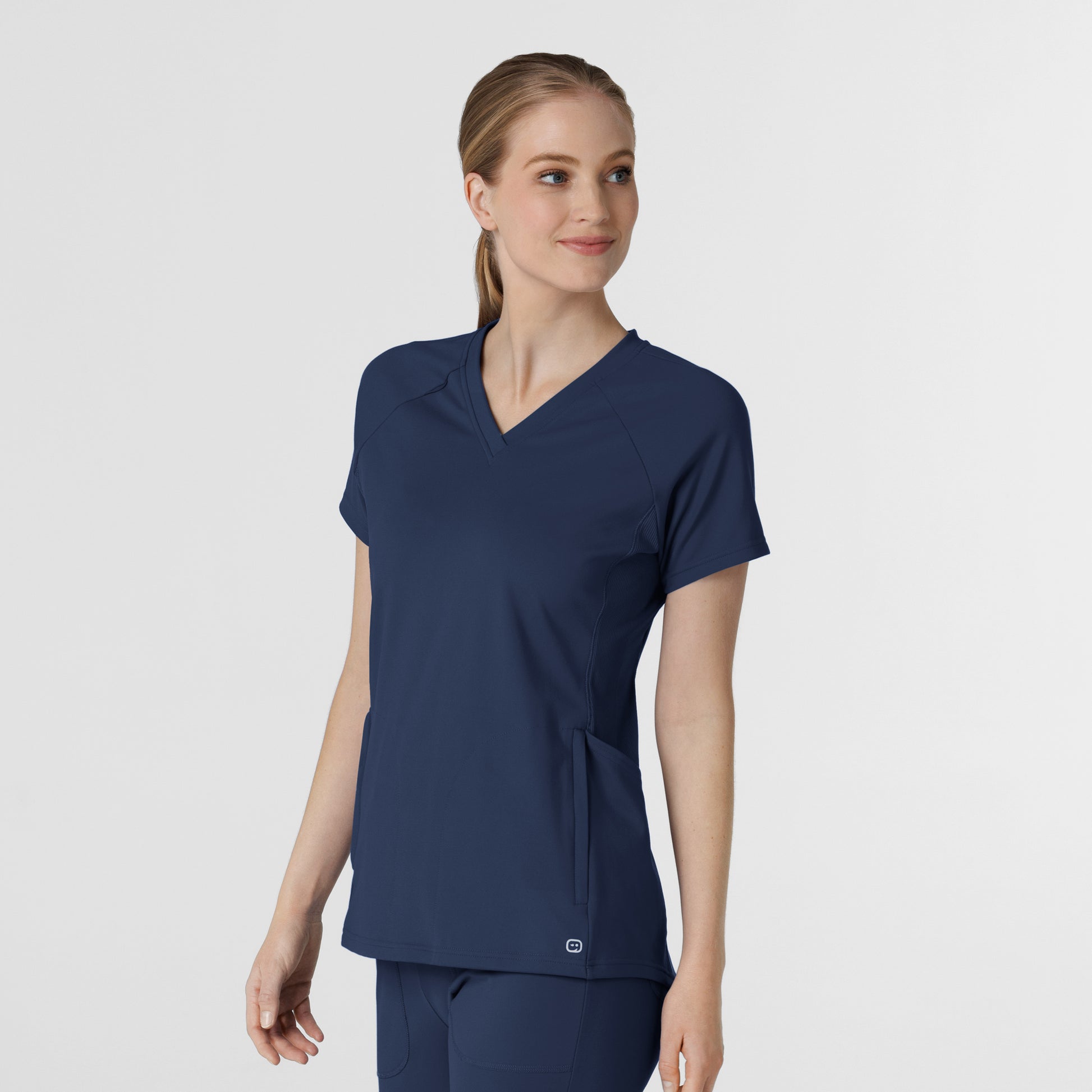 RENEW 6259 Knit Flex-n-Reach V-Neck Raglan Scrub Top Navy Model Image Right Side | Wink