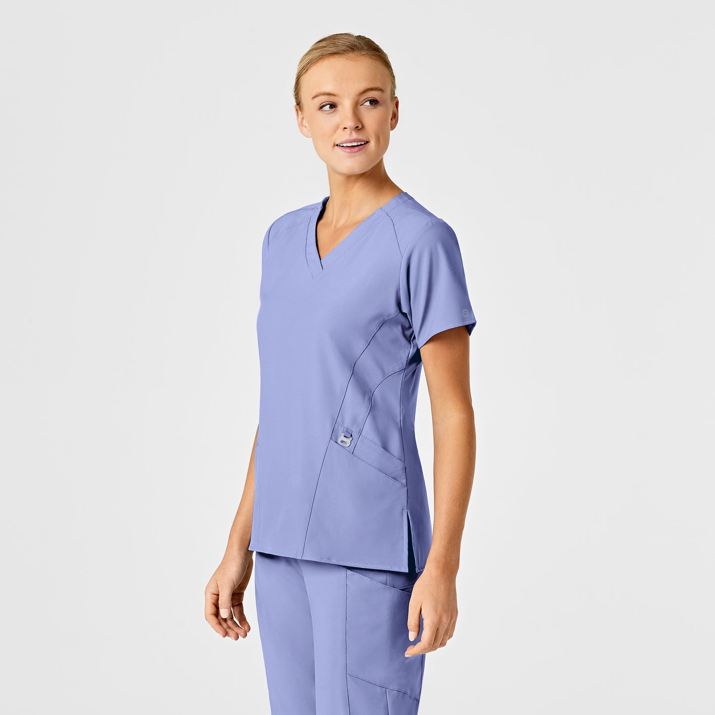 W123 6155 Stylized V-Neck Scrub Top Ceil Blue Model Image Right Side | Wink