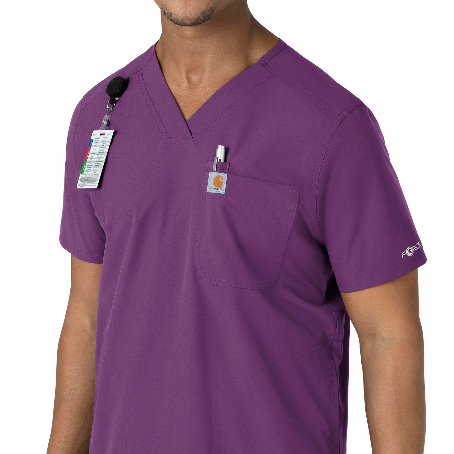 Force Essentials C16113 Men's V-Neck Shirttail Scrub Top Eggplant Model Image Left Side | Carhartt