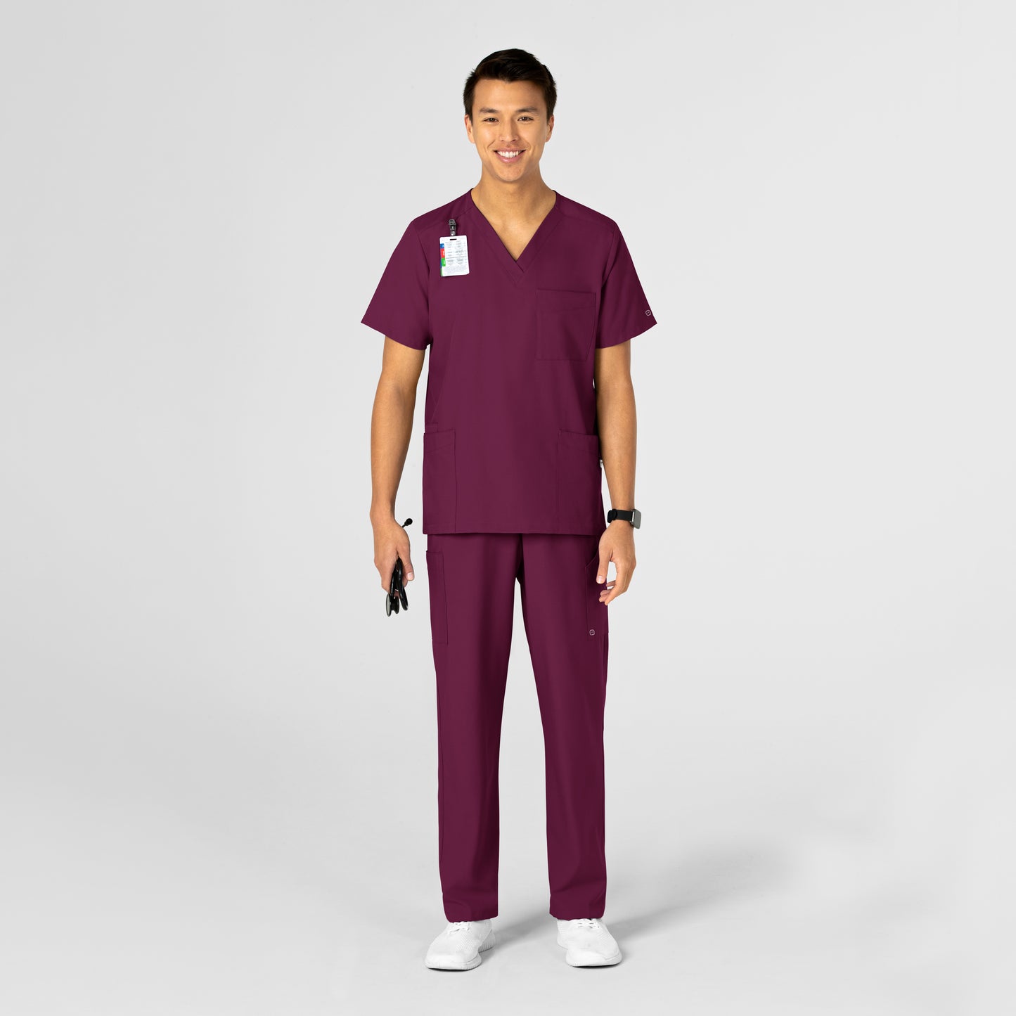 W123 6855 Unisex 4 Pocket Utility Scrub Top Wine Model Image Alternate | Wink