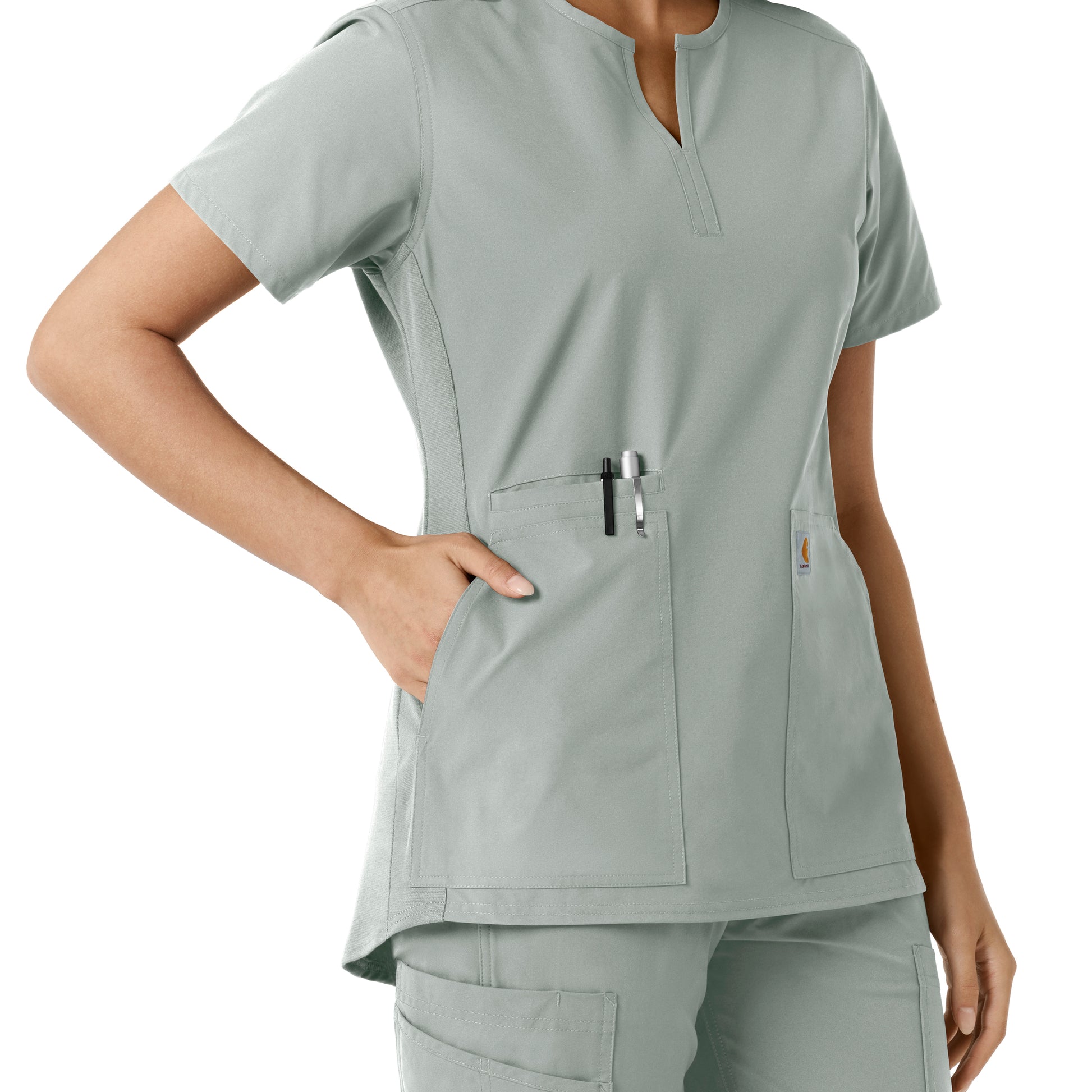 Force Essentials C12413 Notch Neck Tunic Knit Panel Scrub Top Grey Model Image Alternate | Carhartt