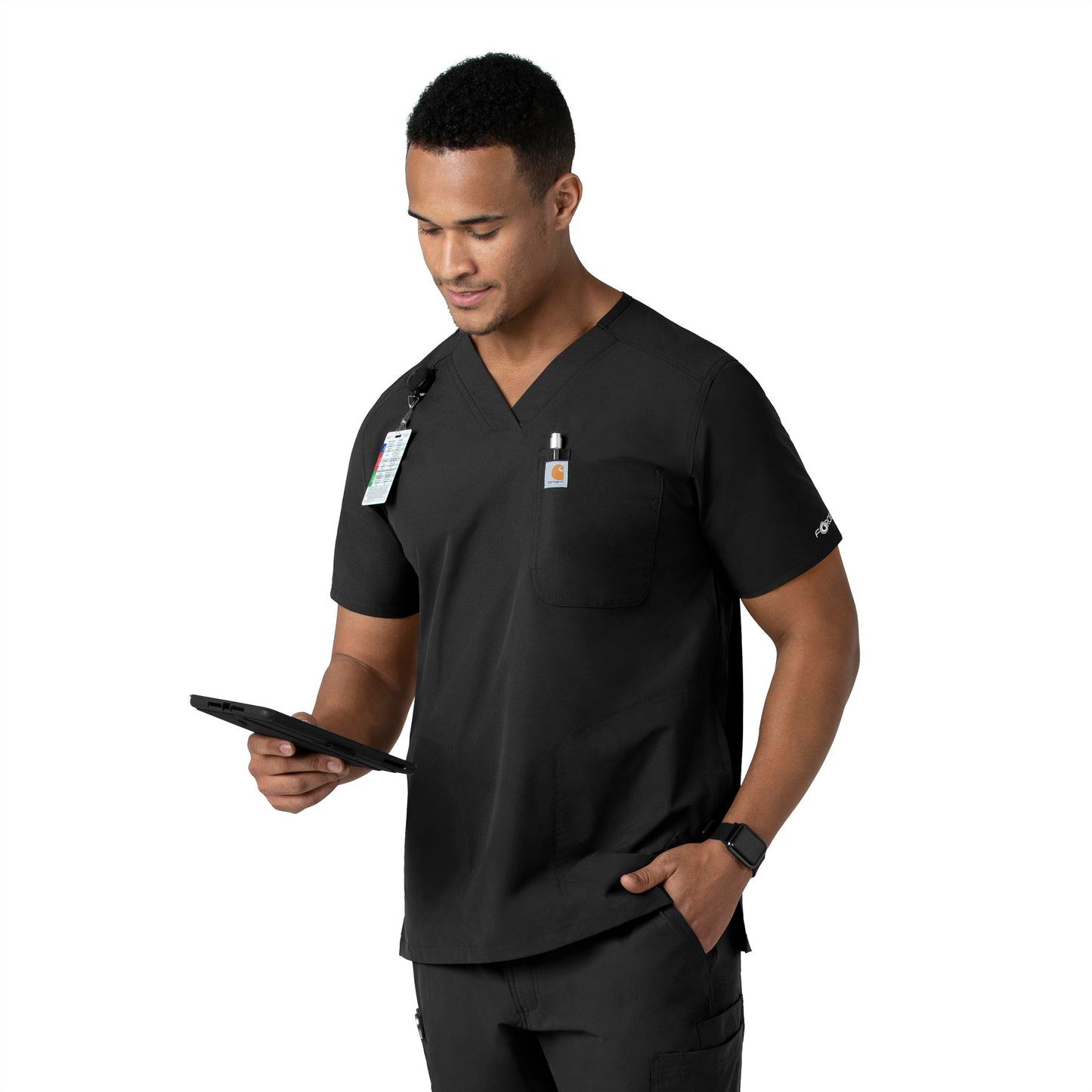 Force Essentials C16113 Men's V-Neck Shirttail Scrub Top Black Model Image Left Side | Carhartt