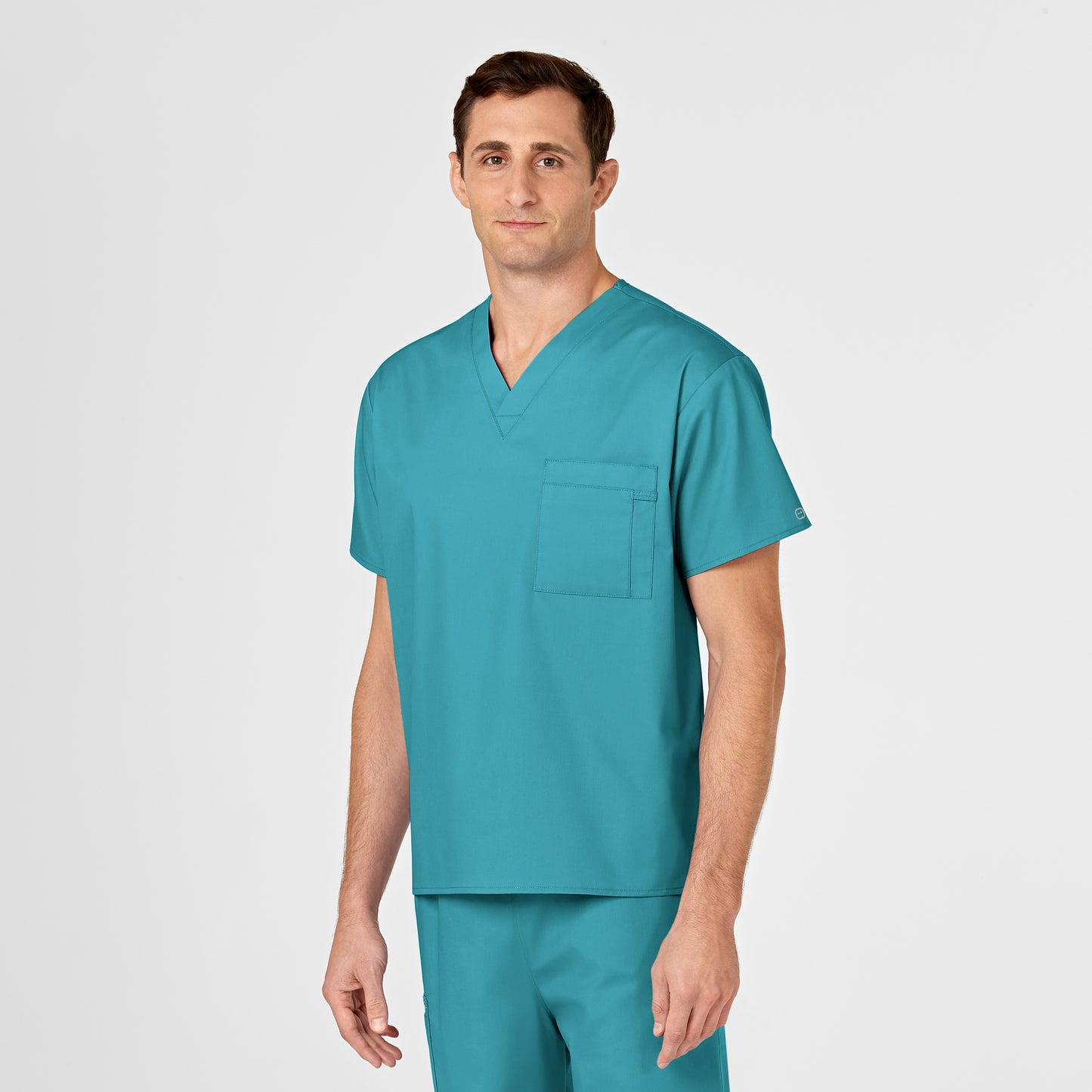 WonderWORK 100 Unisex V-Neck Scrub Top Teal Blue Model Image Alternate | Wink