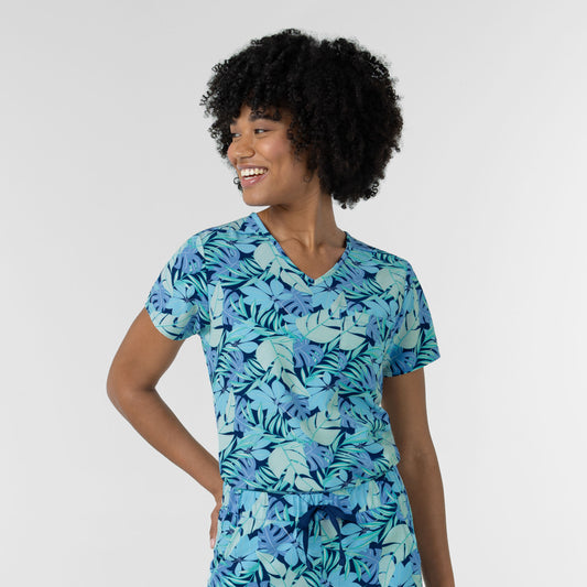 Fashion Prints 6467 Women's 1-Pocket Tuck-in Print Scrub Top Breezy Palms