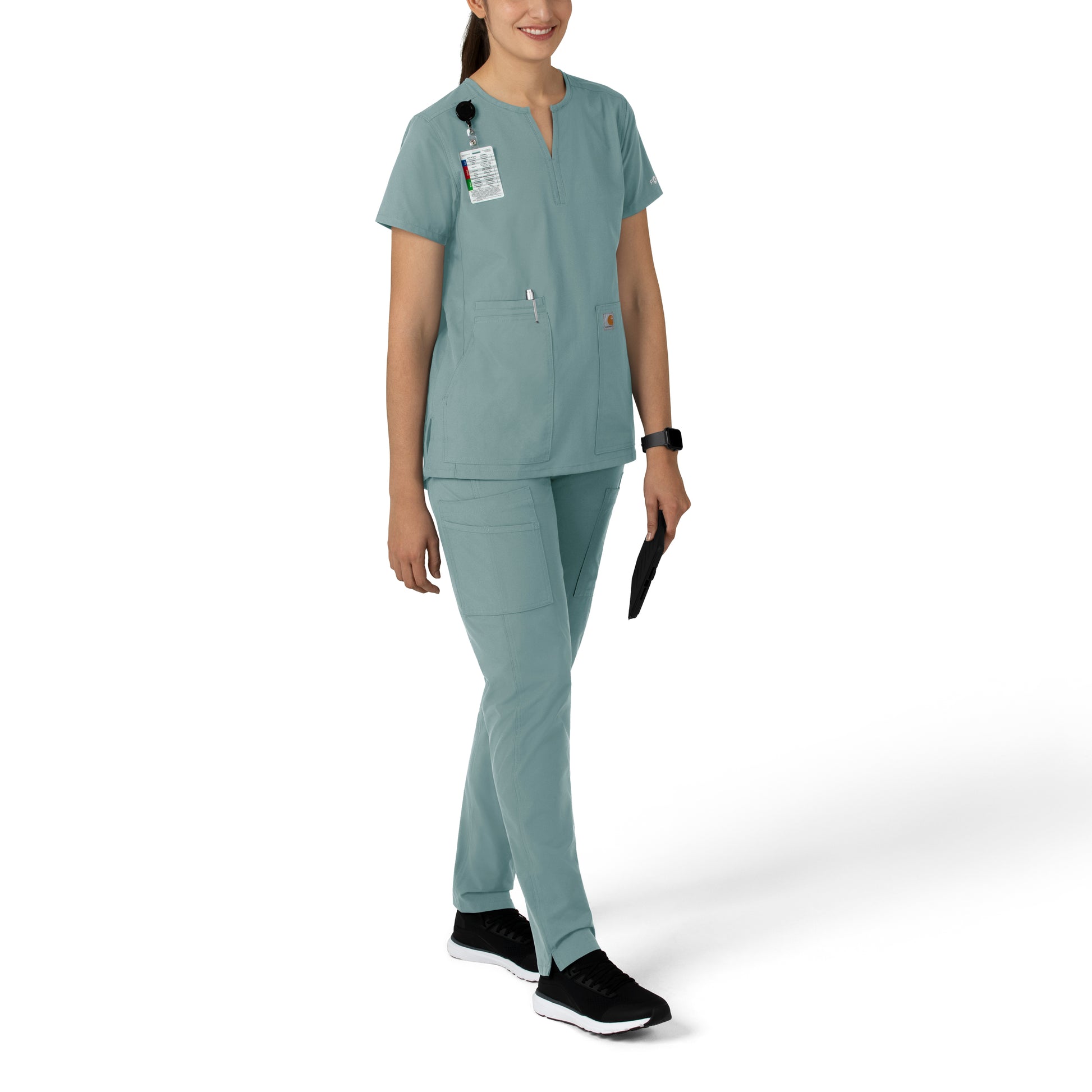 Force Essentials C12213 Notch Neck Tunic Scrub Top Summer Blue Model Image Right Side | Carhartt