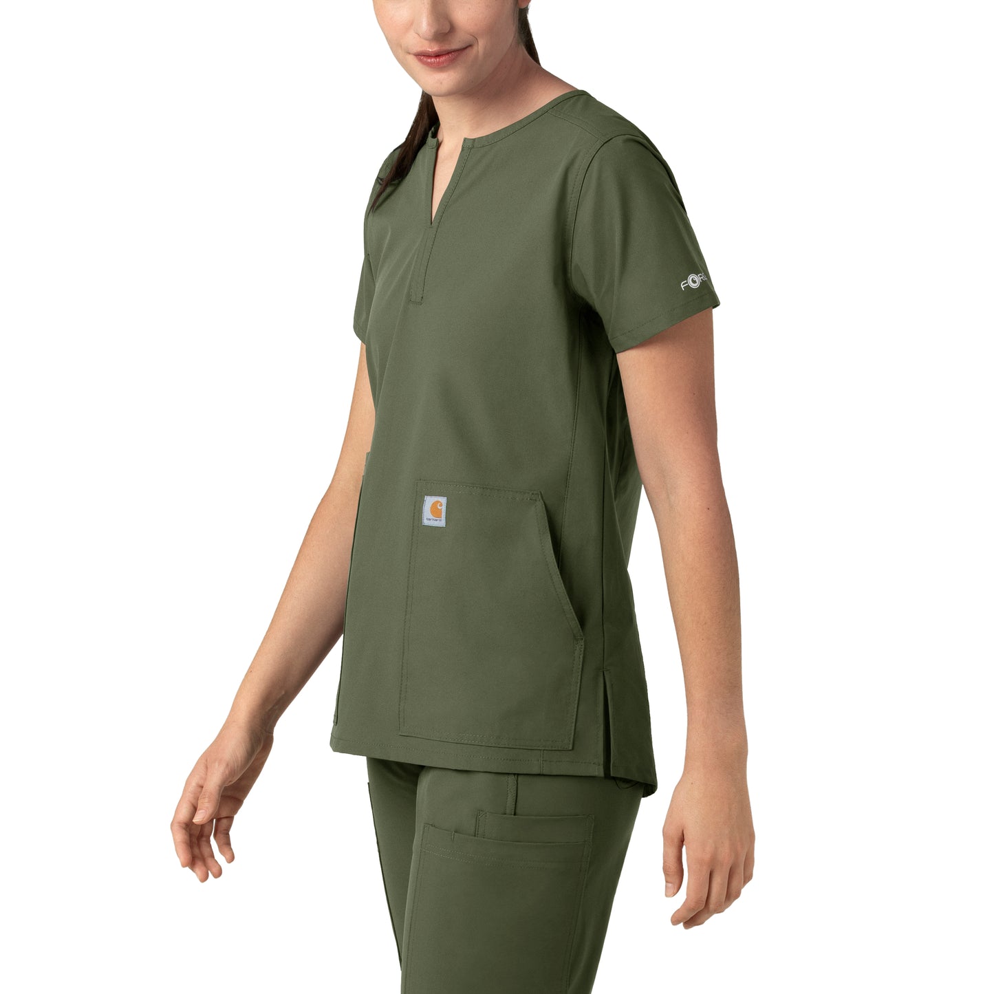 Force Essentials C12213 Notch Neck Tunic Scrub Top Olive Model Image Left Side | Carhartt