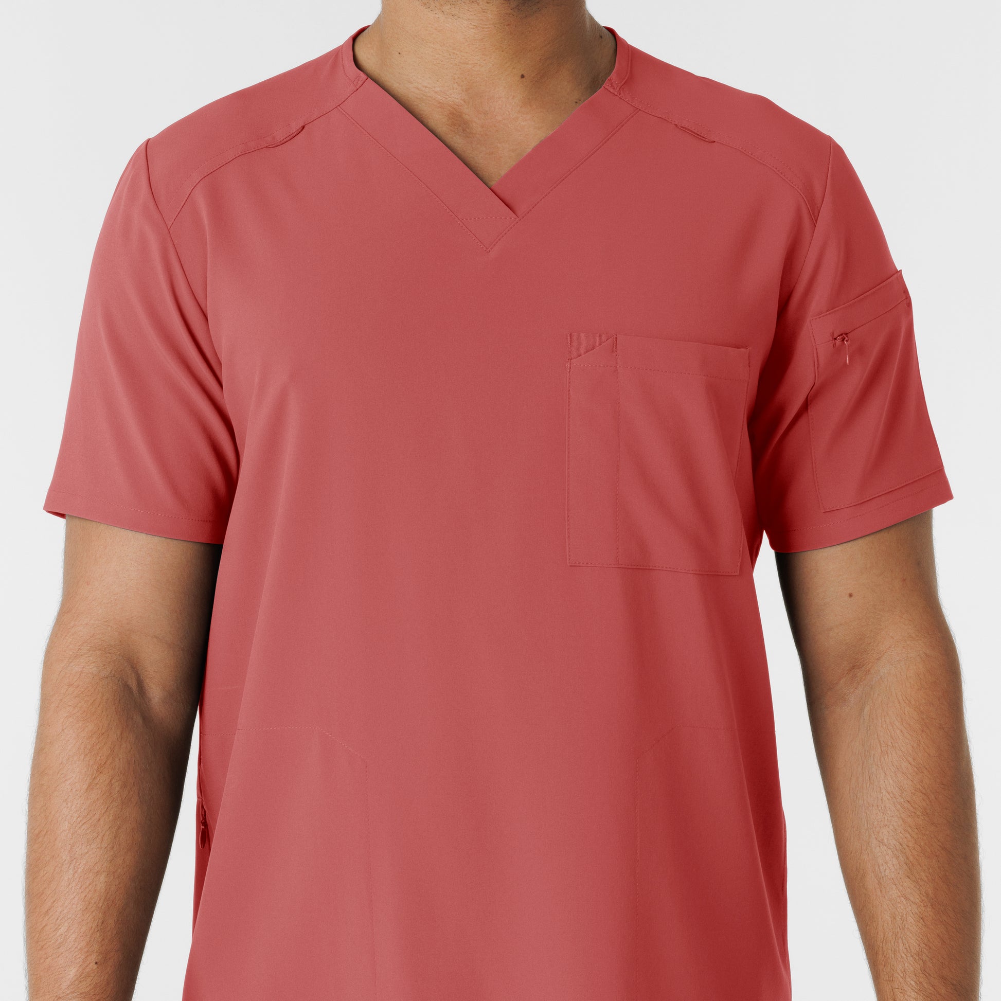 RENEW 6834 Men's V-Neck 5 Pocket Scrub Top Mineral Red Model Image Left Side | Wink