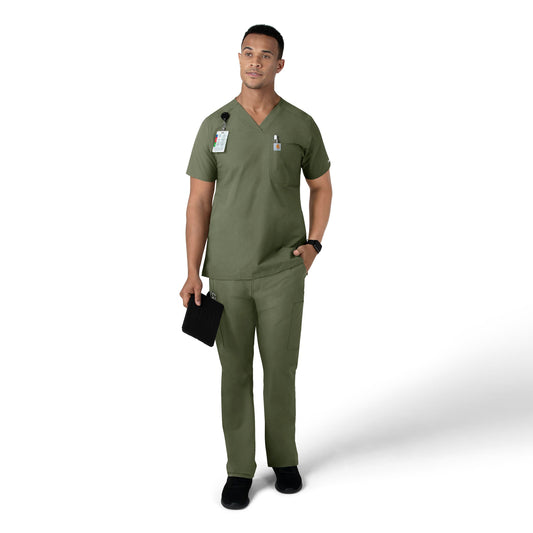 Force Essentials C16113 Men's V-Neck Shirttail Scrub Top Olive Model Image Right Side | Carhartt