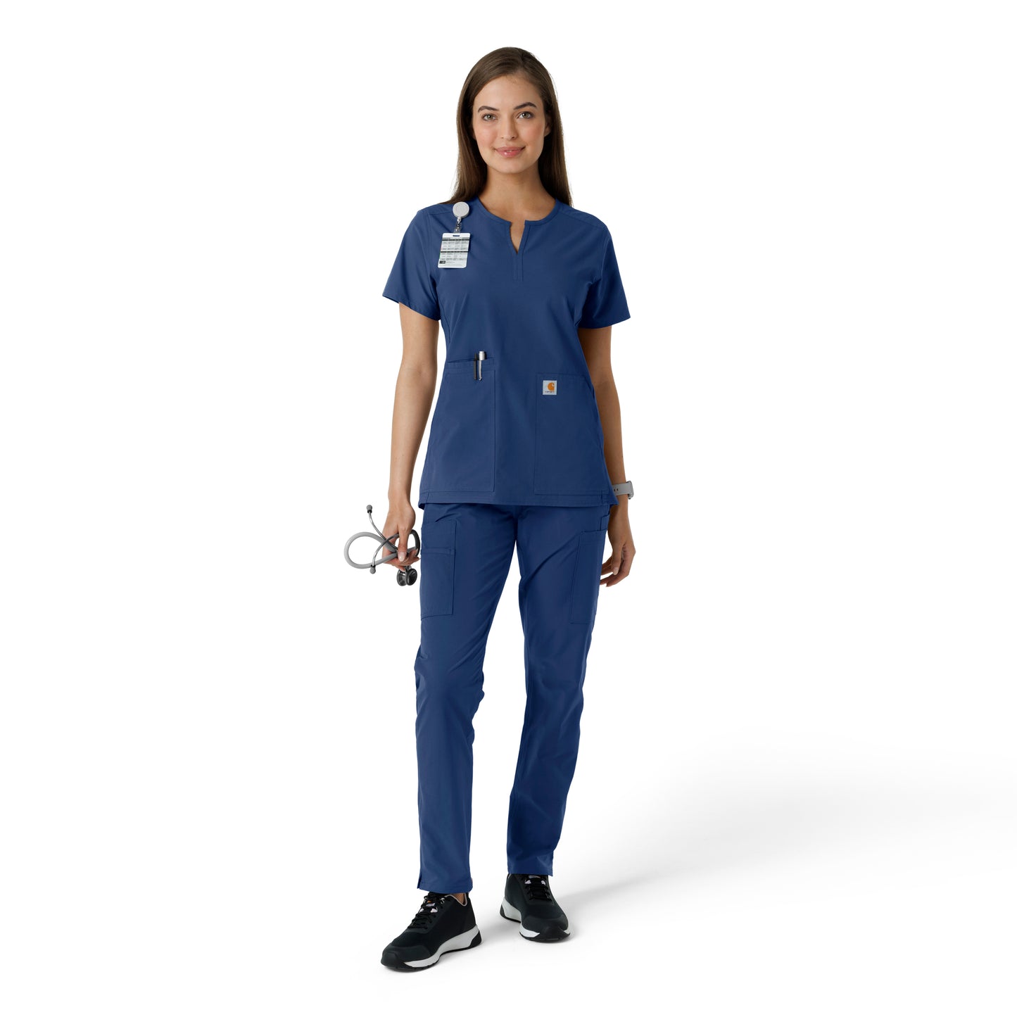 Force Essentials C12413 Notch Neck Tunic Knit Panel Scrub Top Navy Model Image Right Side | Carhartt