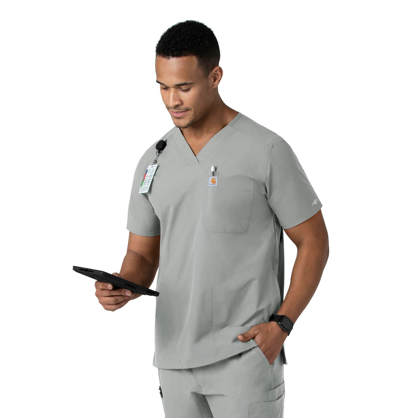 Force Essentials C16113 Men's V-Neck Shirttail Scrub Top Grey Model Image Right Side | Carhartt