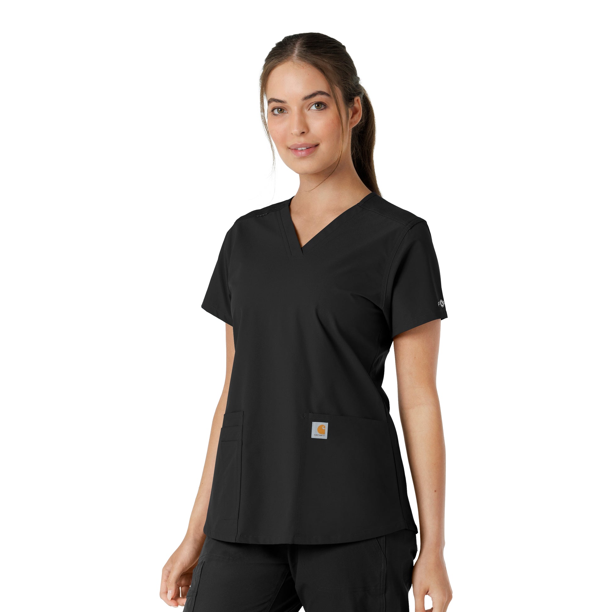 Force Essentials C12313 V-Neck Knit Panel Scrub Top Black Model Image Left Side | Carhartt