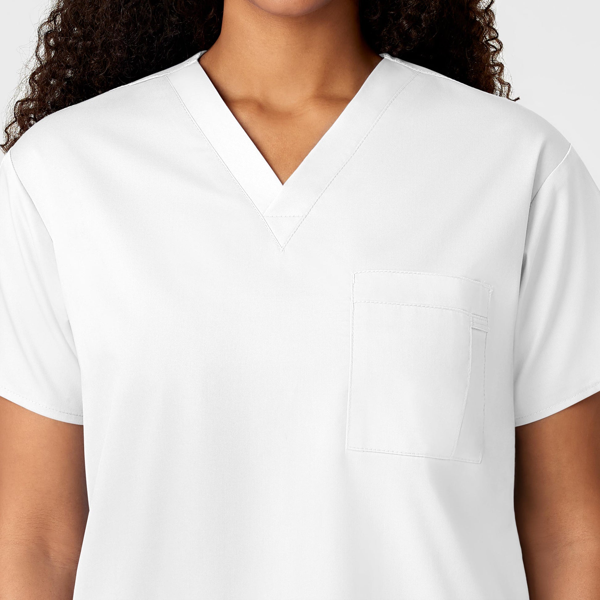 WonderWORK 100 Unisex V-Neck Scrub Top White Model Image Alternate | Wink