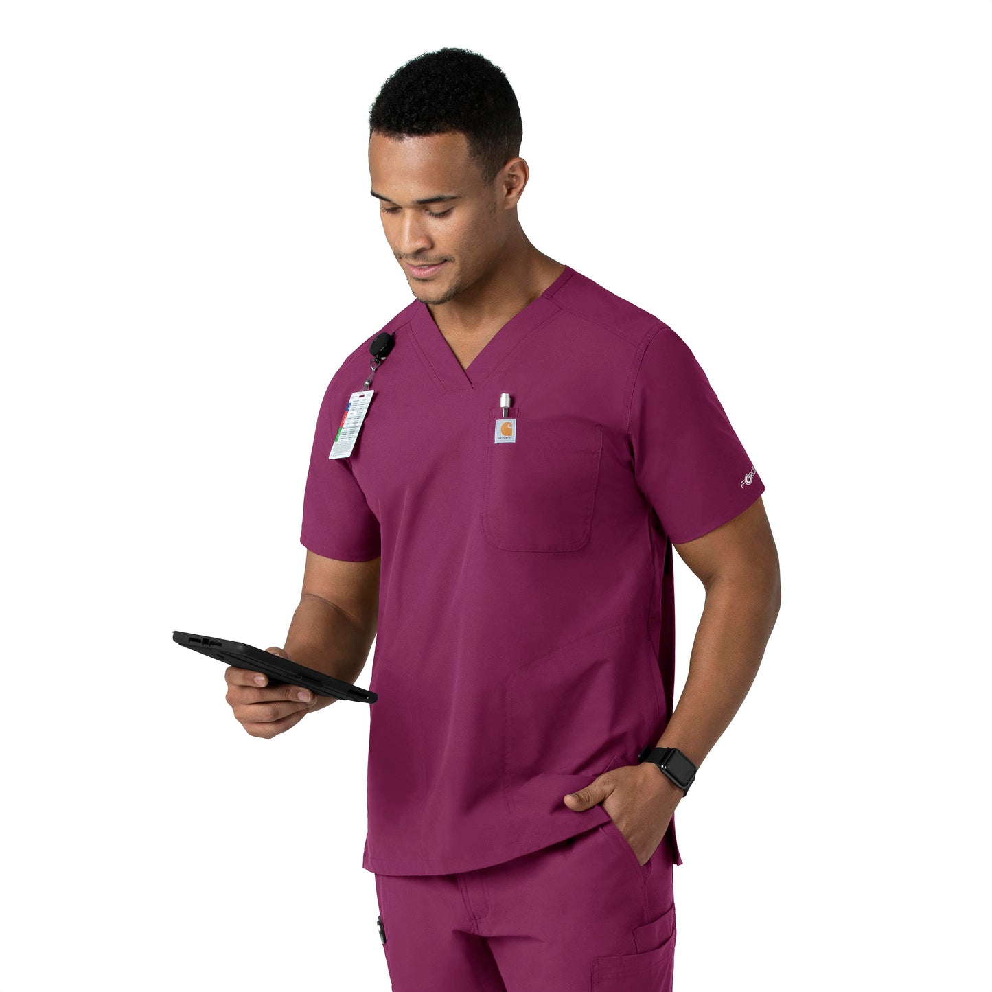 Force Essentials C16113 Men's V-Neck Shirttail Scrub Top Wine Model Image Left Side | Carhartt