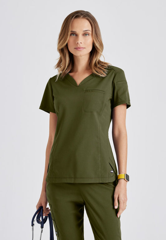 Greys Anatomy Stretch GRST136 Capri Tuck-in Scrub Top Olive