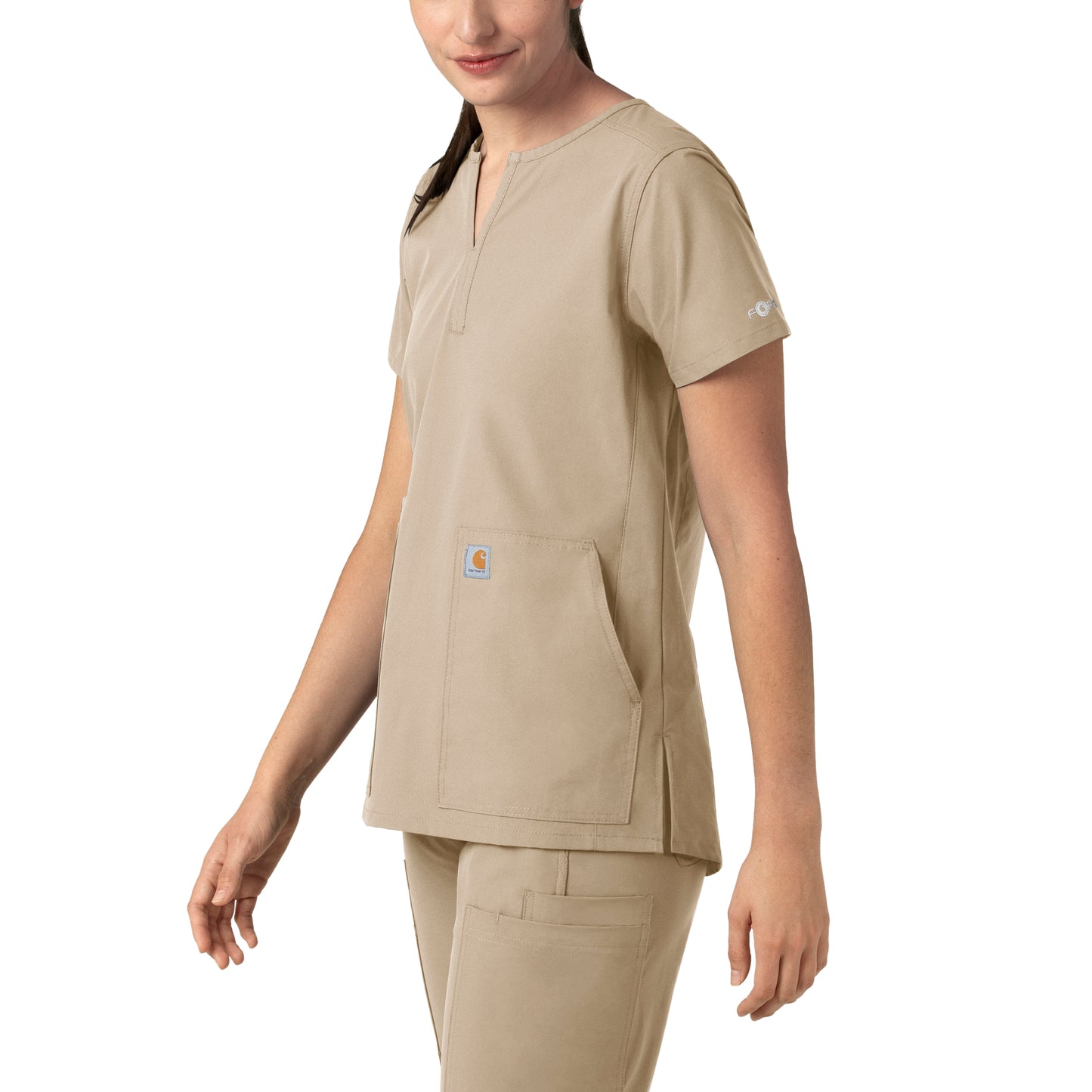 Force Essentials C12213 Notch Neck Tunic Scrub Top Khaki Model Image Right Side | Carhartt