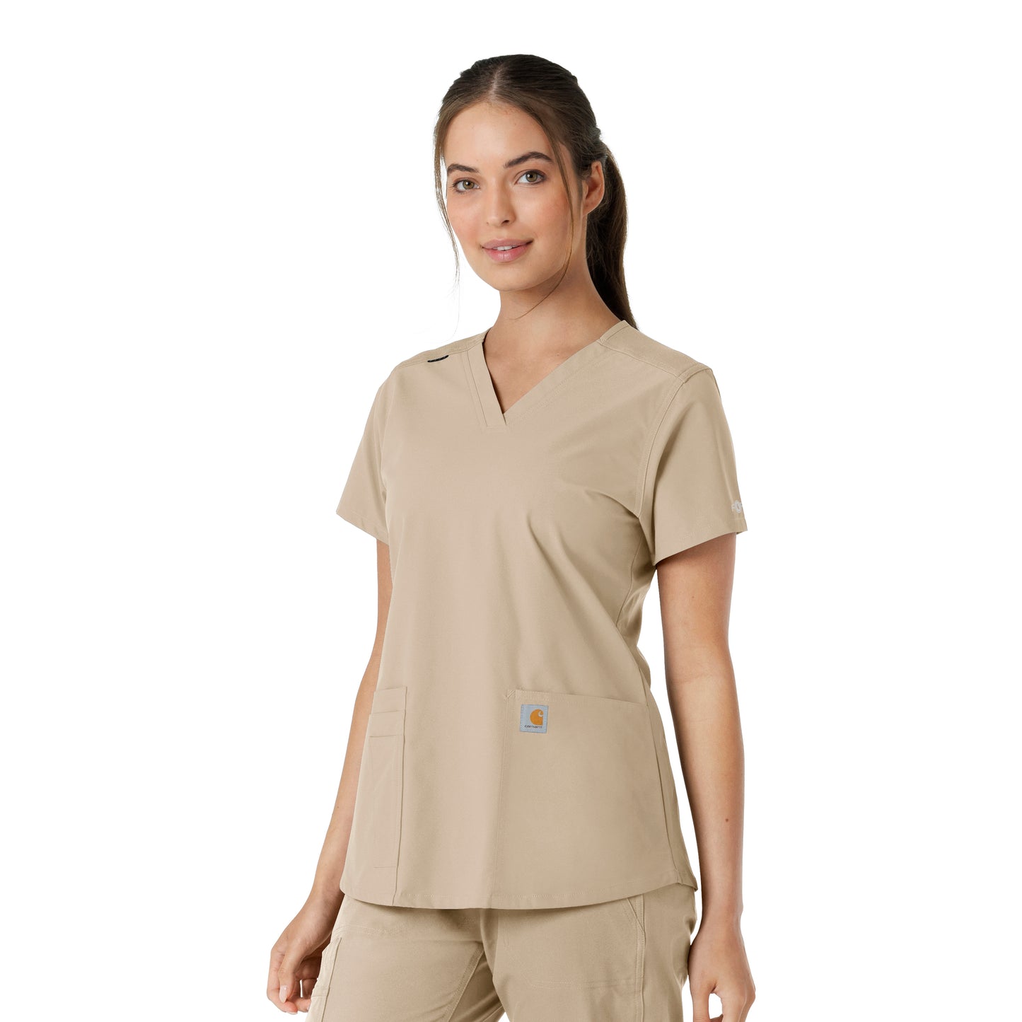 Force Essentials C12313 V-Neck Knit Panel Scrub Top Khaki Model Image Left Side | Carhartt