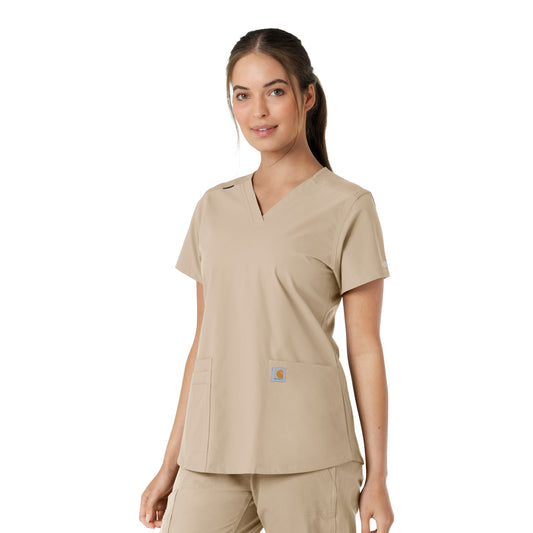 Force Essentials C12313 V-Neck Knit Panel Scrub Top Khaki Model Image Right Side | Carhartt