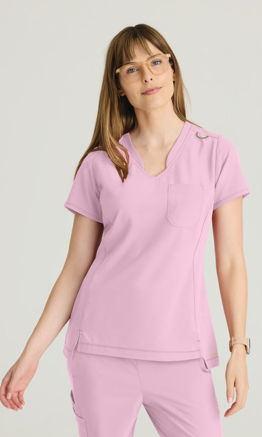 Grey's Anatomy Evolve GSST181 Women's Sway Tuck-In Top in Misty Pink by Barco Model Image Front
